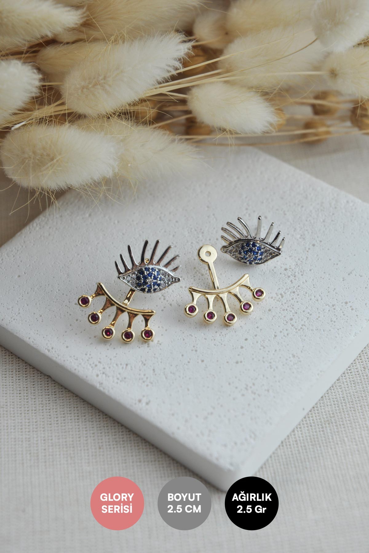 Silver Zirkon Göz Ve Renkli Oval Taşlar Tasarım Glory Küpe AKE9029
