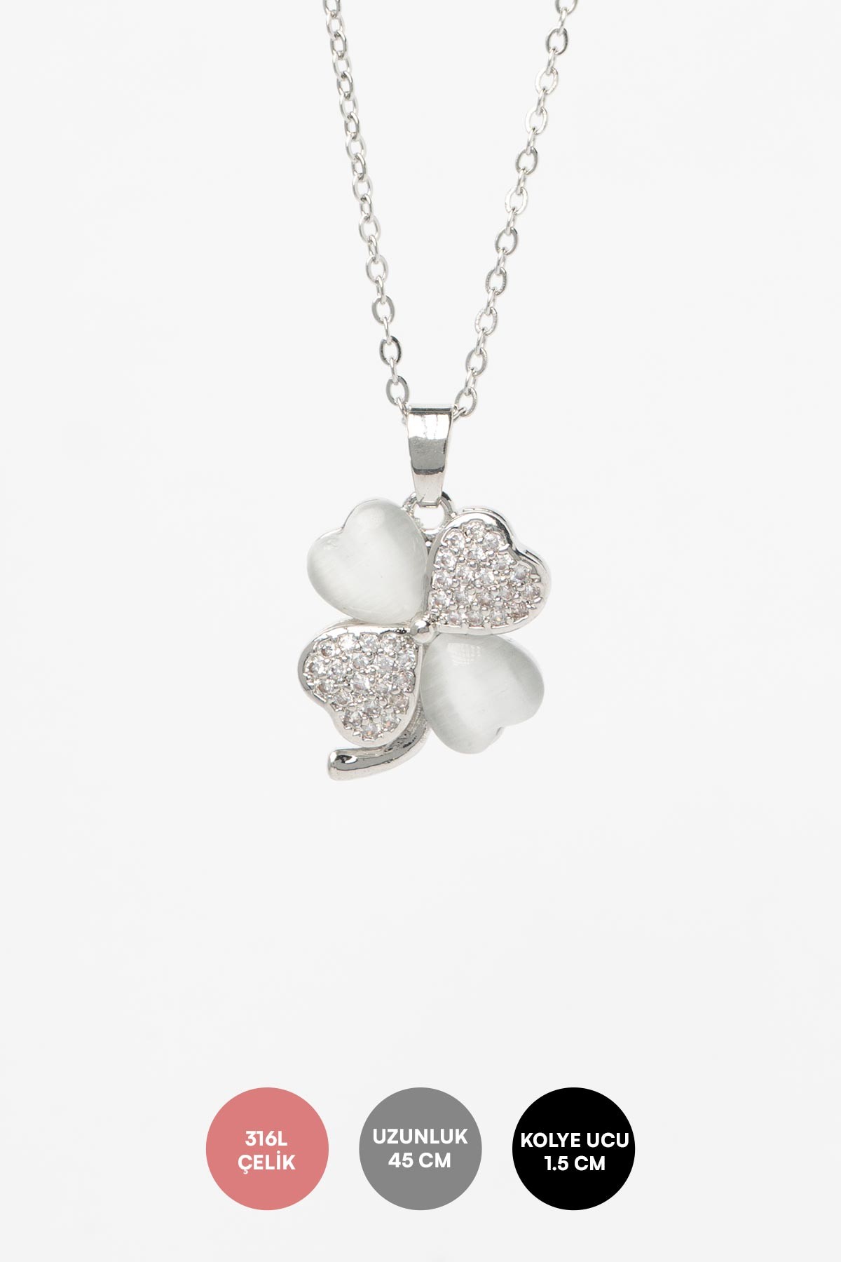 Silver Minimal Zincir Zirkon Ve Dolgulu Sedef Kalp Tasarım Yonca Sallantılı Çelik Kolye 45 cm AKL4091