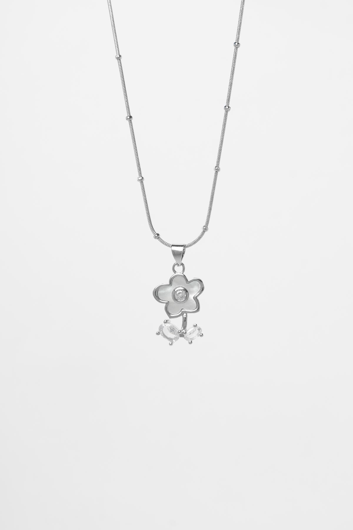 Silver Minimal Topçuklu Kristal Taş Detay Sedefli Çiçek Tasarım Çelik Kolye 45 cm AKL3891