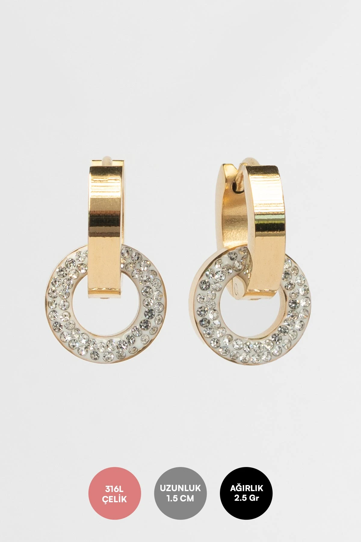 Gold Zirkon Detay Sallantılı Halka Çelik Küpe AKE7574