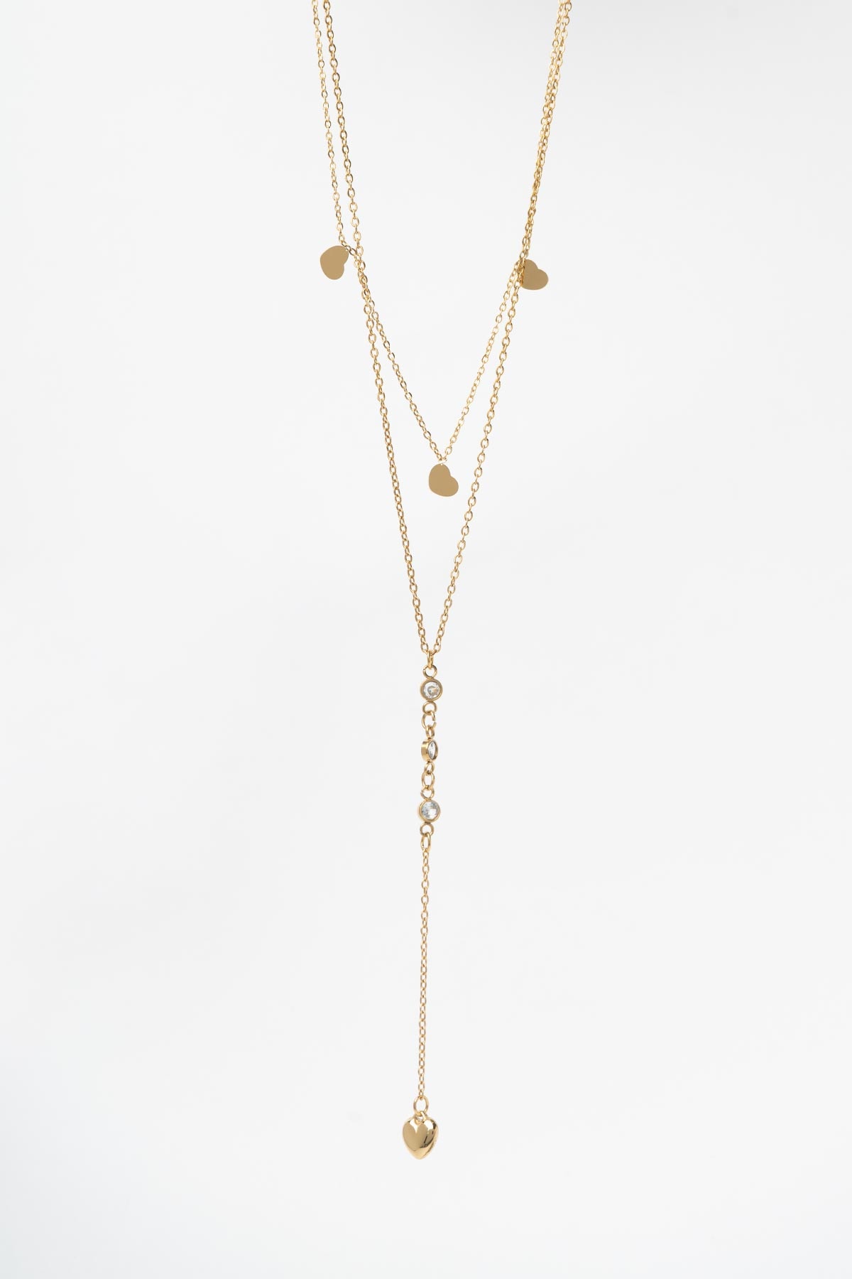 Gold Basic Çift Zincir Y Tasarım Minimal Kalp Sallantılı 45cm Çelik Kolye AKL4161