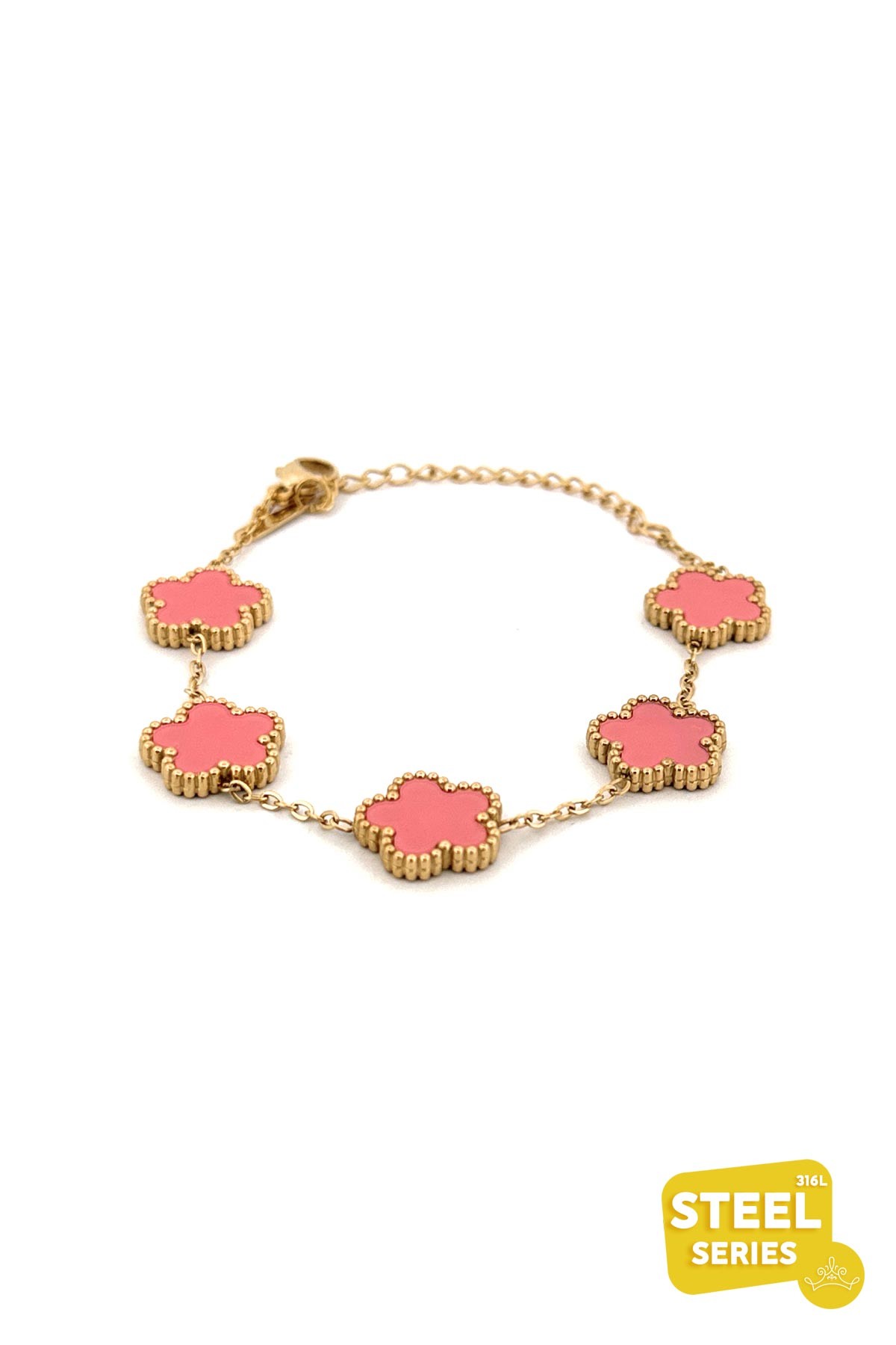 Pembe Sedefli Oval Köşeli Gold Yıldız Tasarım Çelik Bileklik ABL7043