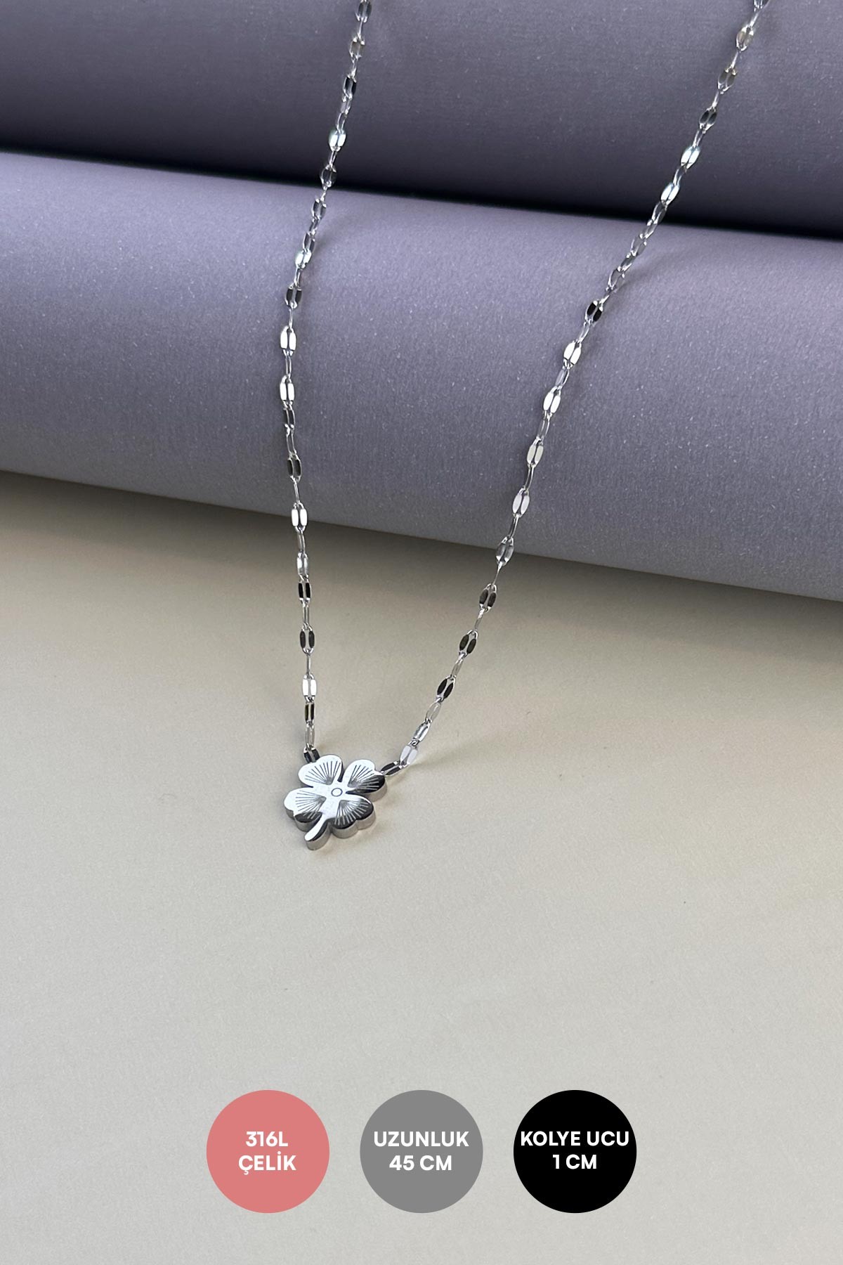 Silver Minimal Badem Halkalkar Zincir Yonca Tasraım Çelik Kolye 45 cm AKL3857
