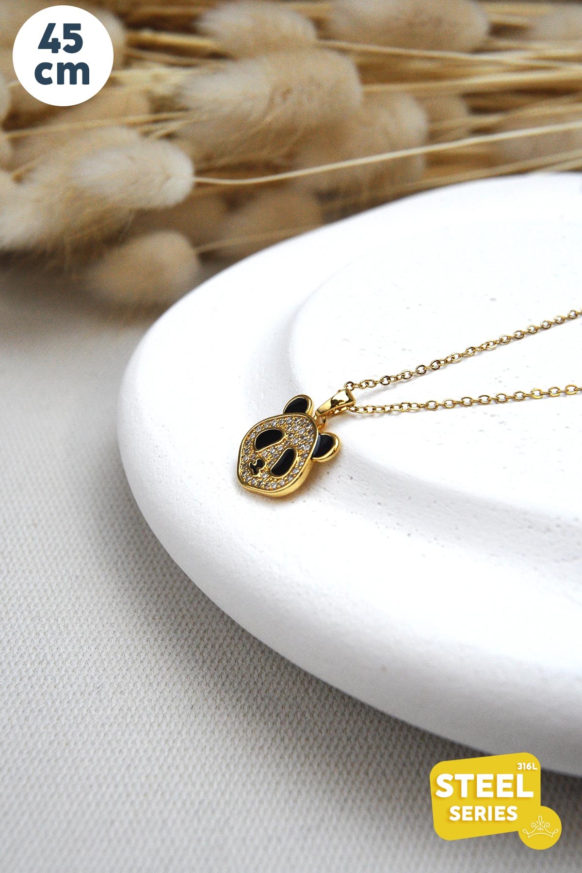 Gold Zirkon Taş Detay Panda Çelik Kolye AKL2493