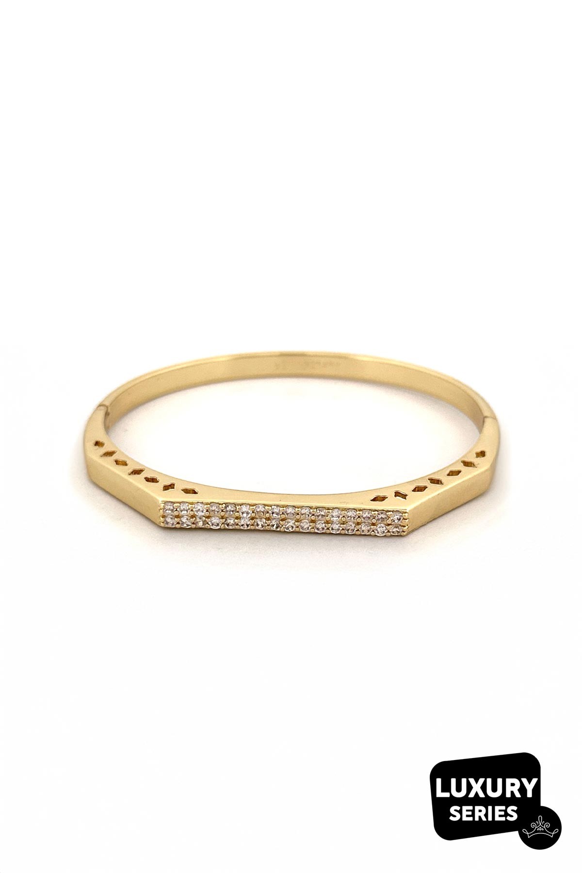 Gold Köşeli Oyma Detaylı Çift Sıra Zirkon Tasarım Luxury Kelepçe ABL7097