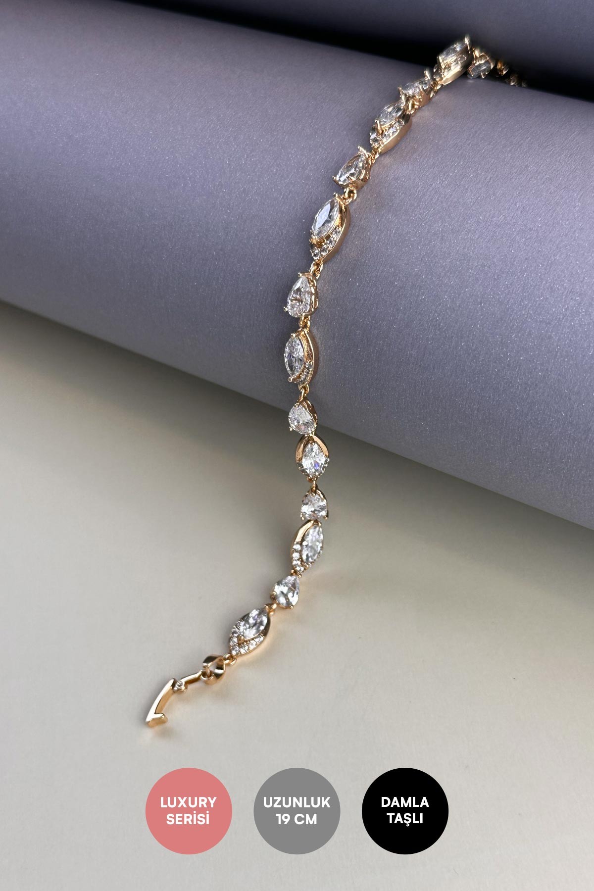 Gold Zirkon Detay Sıra Badem Tasarım Kristal Taşlar Luxury Bileklik ABL7197