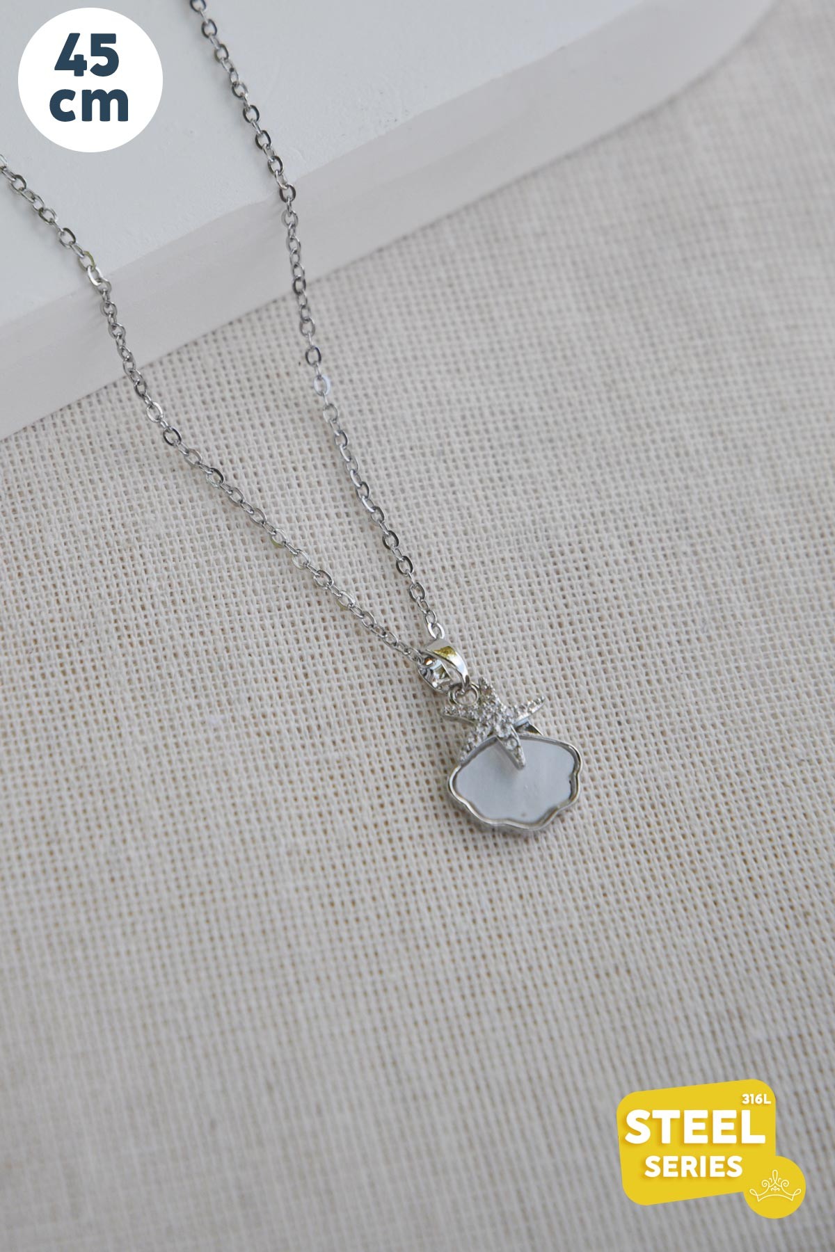 Silver Minimal Zincir Sedef Detay Deniz Kabuğu Ve Zirkon Yıldız Çelik Kolye 45 cm AKL3107