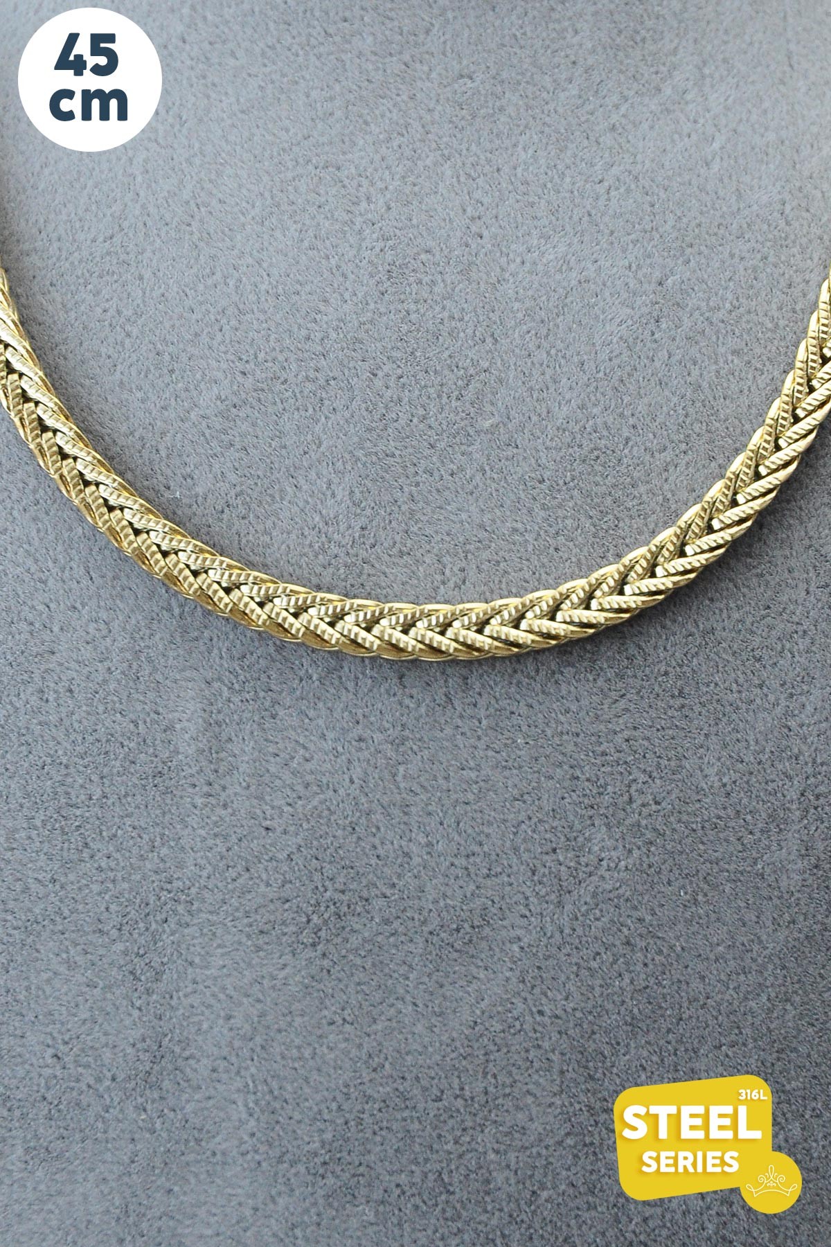 Gold Kalın Örgü Zincir 45cm Çelik Kolye AKL2636