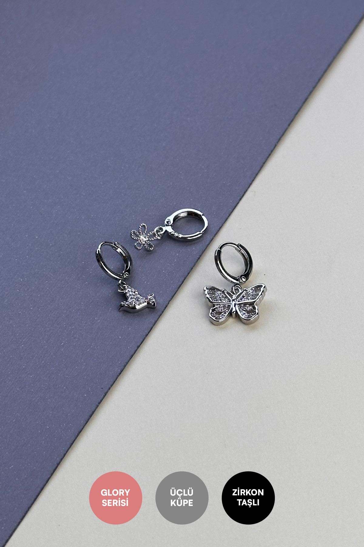 Silver Kelebek Kuş Ve Çiçekler Sallantılı Çoklu Glory Küpe AKE9113