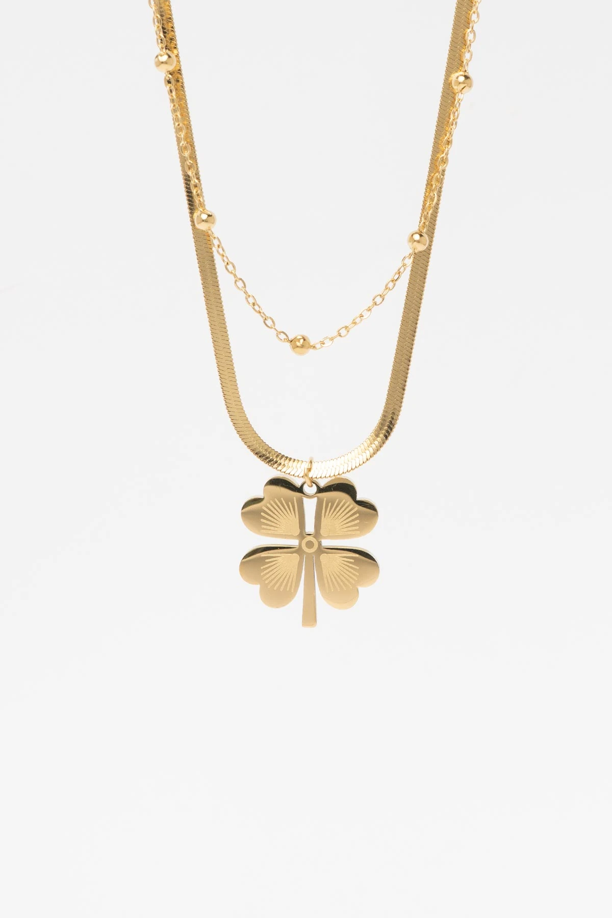 Çift Zincir Tasarım Topçuk Detay Gold Yonca Çelik Kolye 45 Cm AKL1580