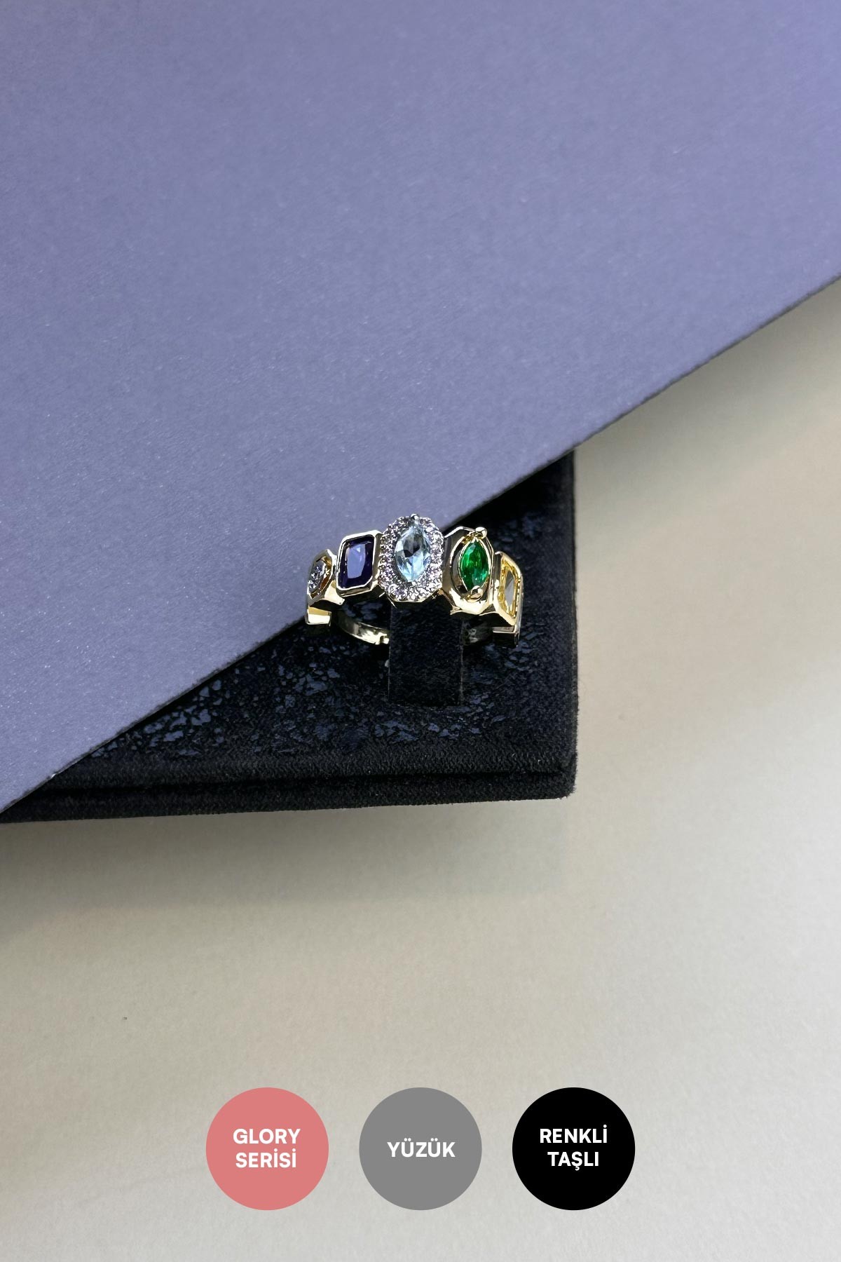 Zirkon Detay Renkli Baget Taşlı Gold Tasarım Glory Yüzük AYZ8402
