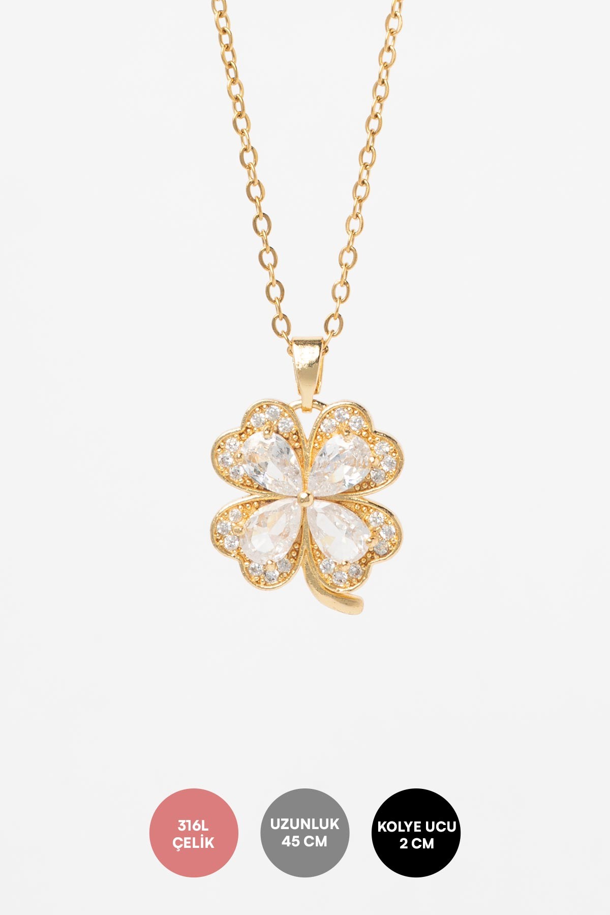 Gold Minimal Zincir Zirkon Ve Tektaş Detay Yonca Sallantılı Çelik Kolye 45 cm AKL4088