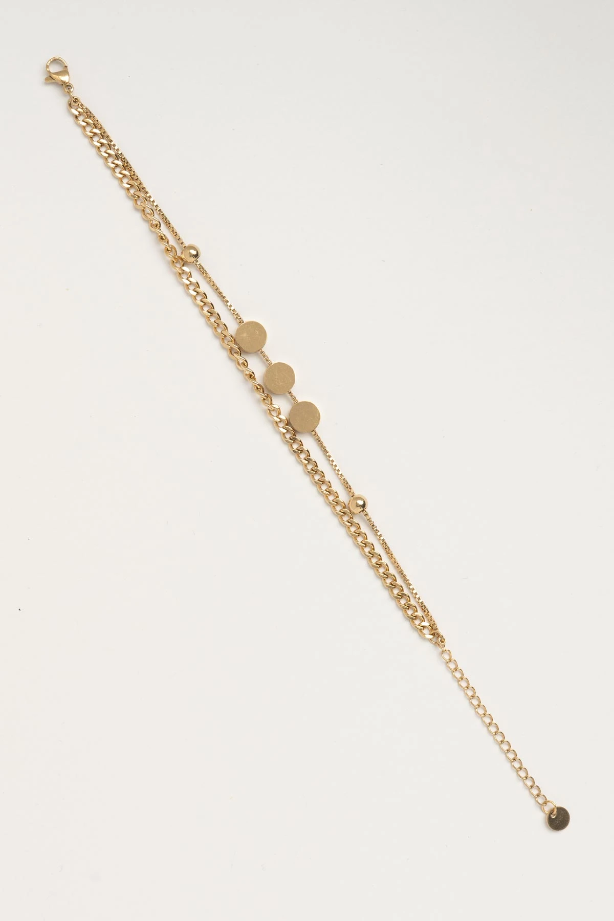 Gold Çift Zincir Üçlü Kalın Yassı Pul Mini Topçuk Detay Çelik Bileklik ABL6518