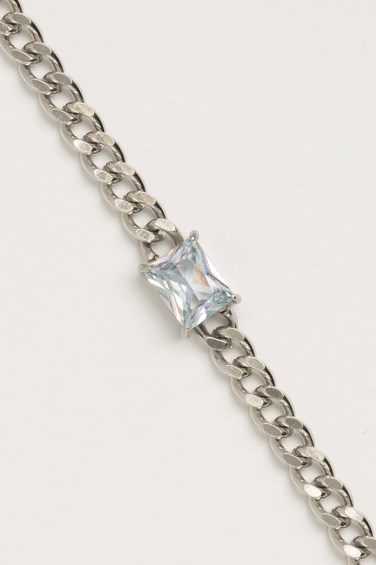 Büyük Baget Taş Detay Silver Curb Zincir Çelik Bileklik ABL7212