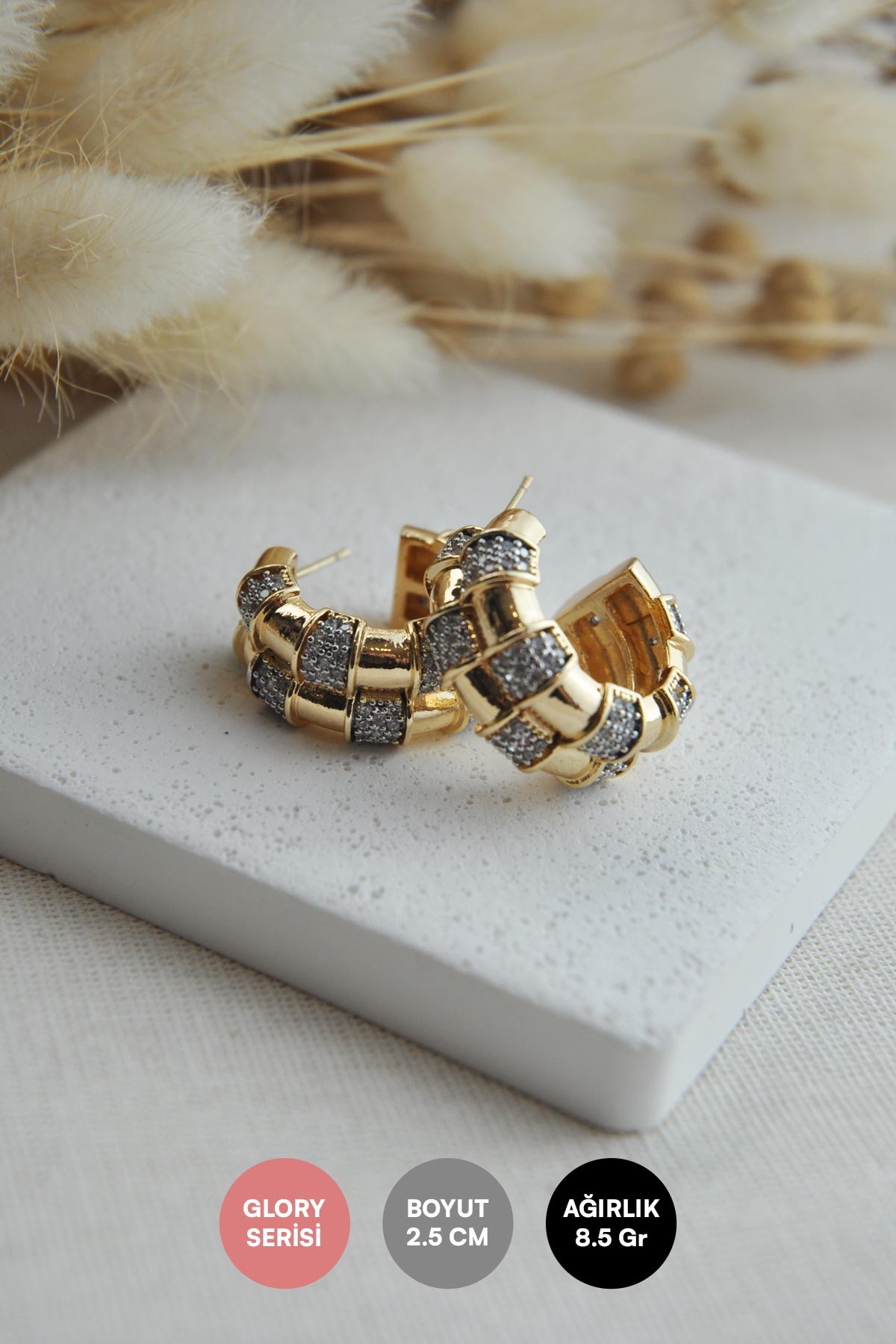 Gold Zirkon Bölmeli İkili Halka Tasarım Glory Küpe AKE9024