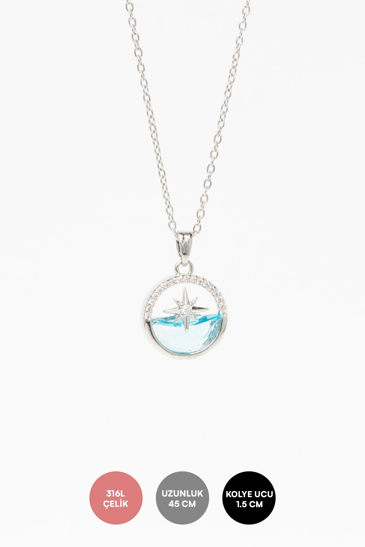 Silver Zirkon Detay Deniz Üstünde Kuzey Yıldızı Tasarımı 45cm Çelik Kolye AKL4305