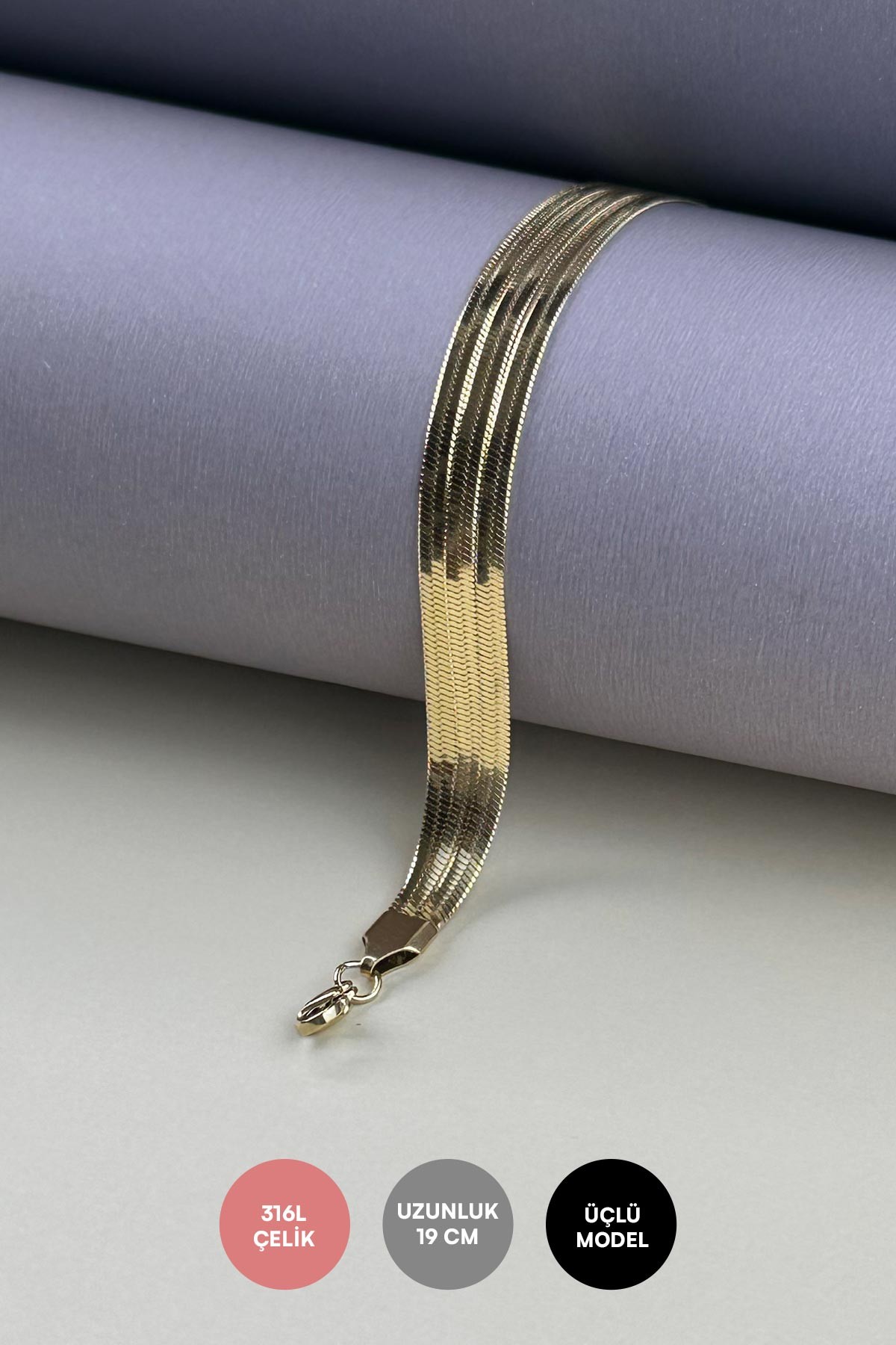Gold Üçlü İtalyan Zincir Çelik Bileklik ABL0952
