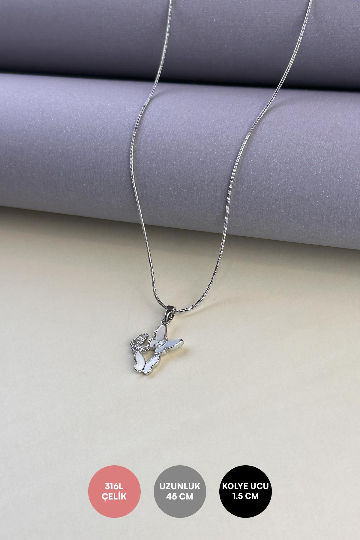 Silver Minimal Boru Zincir Zirkon Ve Sedefli Kelebekler Çelik Kolye 45 cm AKL3922