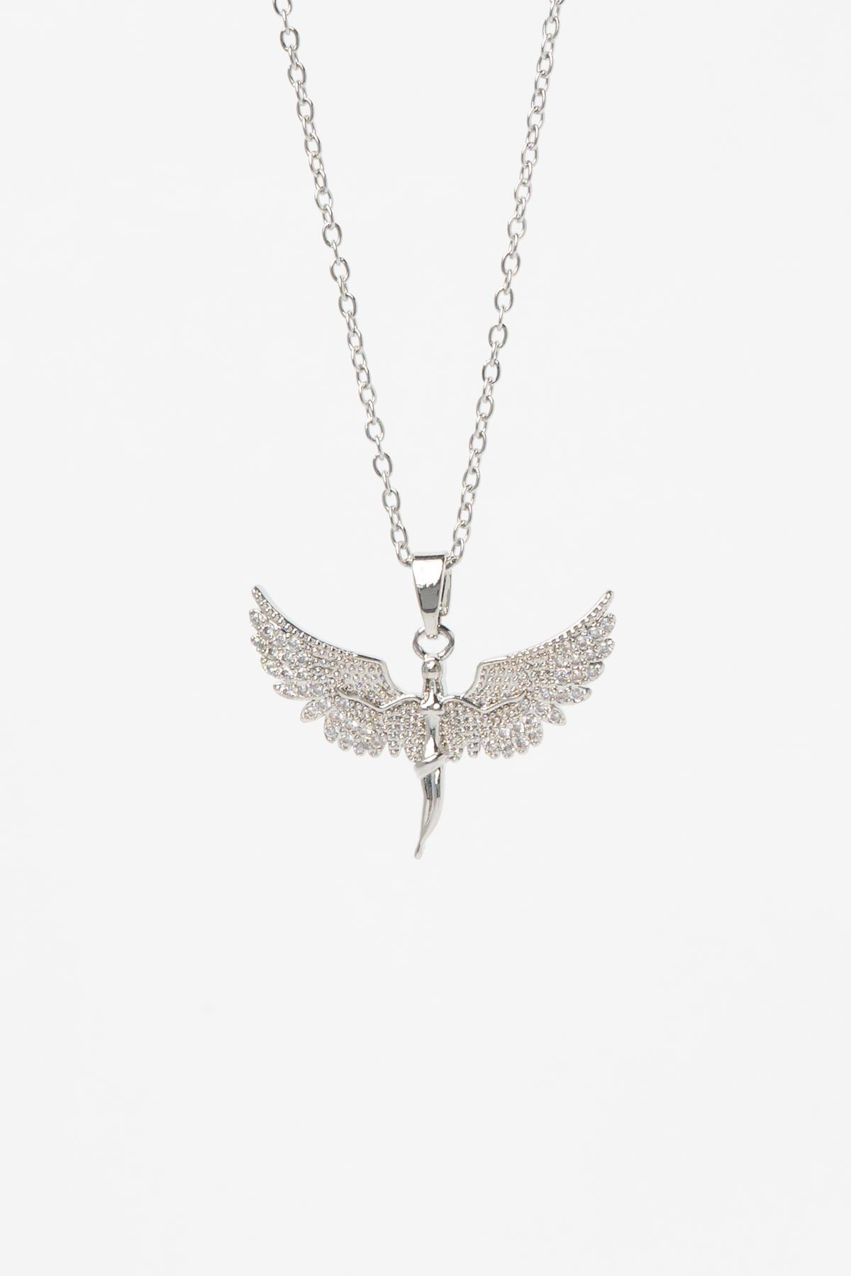Silver Minimal Zincir Tektaş Kaplı Kanatlı Melek Sallantılı Çelik Kolye 45 cm AKL4079