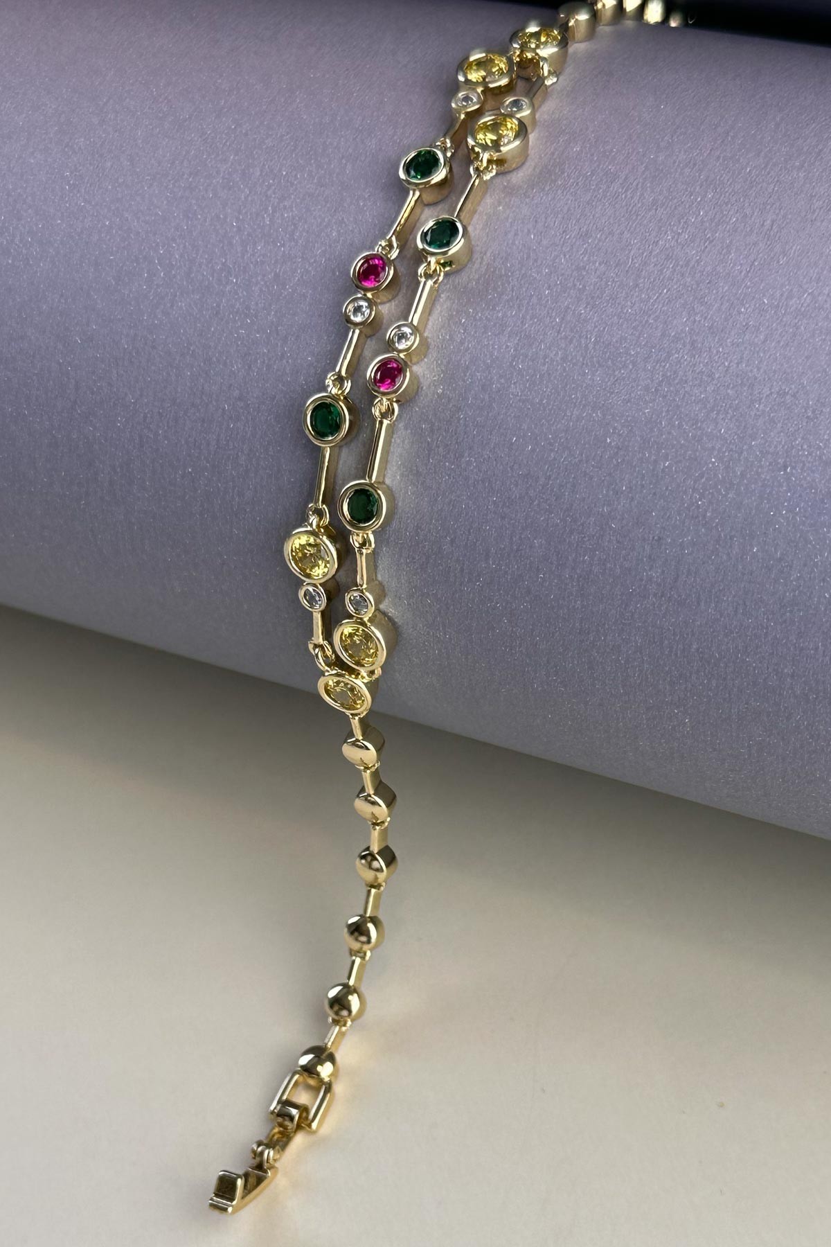 Gold Tasarım Renkli Kristal Taşlı Çift Sıra Luxury Bileklik ABL7165