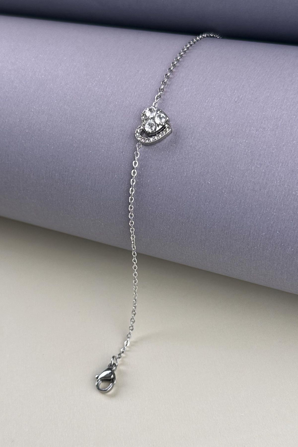 Silver Minimal Zincir Zirkon Detay Kristal Kalp Tasarım Çelik Bileklik ABL7062