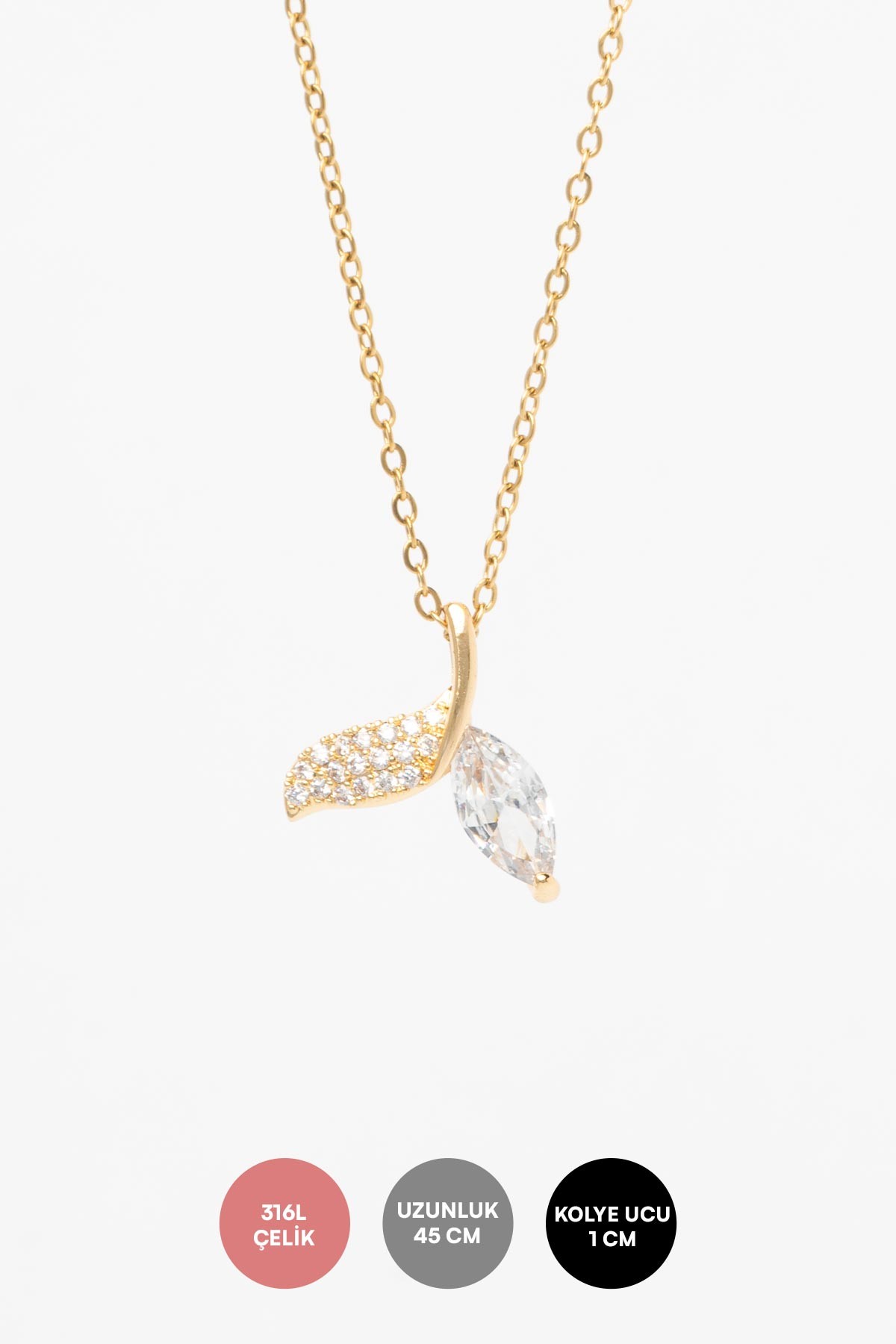 Gold Minimal Zincir Zirkon Ve Tektaş Detay Balık Kuyruğu Sallantılı Çelik Kolye 45 cm AKL4072