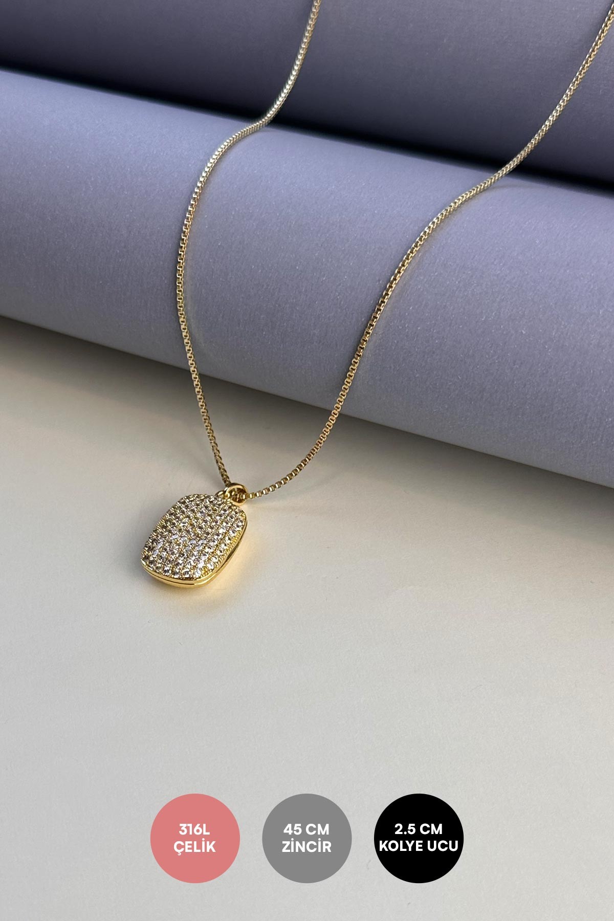 Gold Açılabilir Zirkon Kapaklı Oval Dikdörtgen Çelik Kolye 45 cm AKL3825