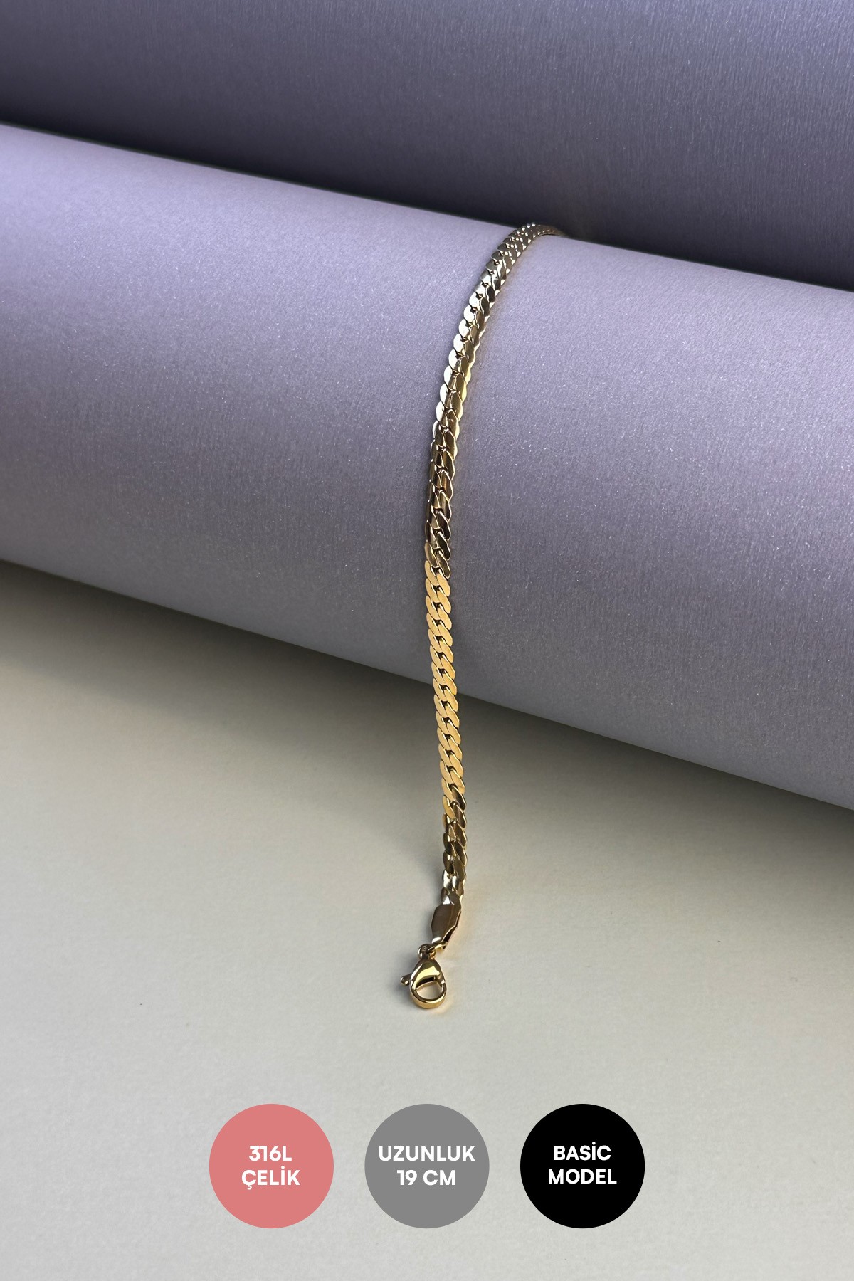 Gold Slim Yassı Zincir Basic Çelik Bileklik ABL6616