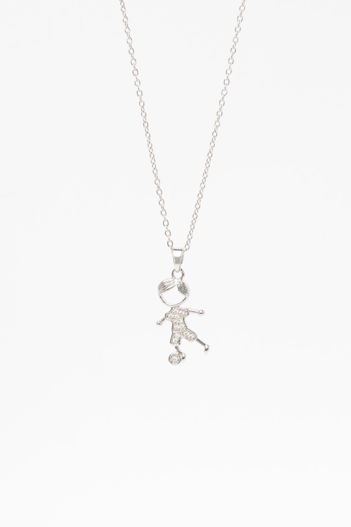 Silver Zirkon Saç Ve Kıyafet Detaylı Erkek Çocuğu Tasarım 45cm Çelik Kolye AKL4344