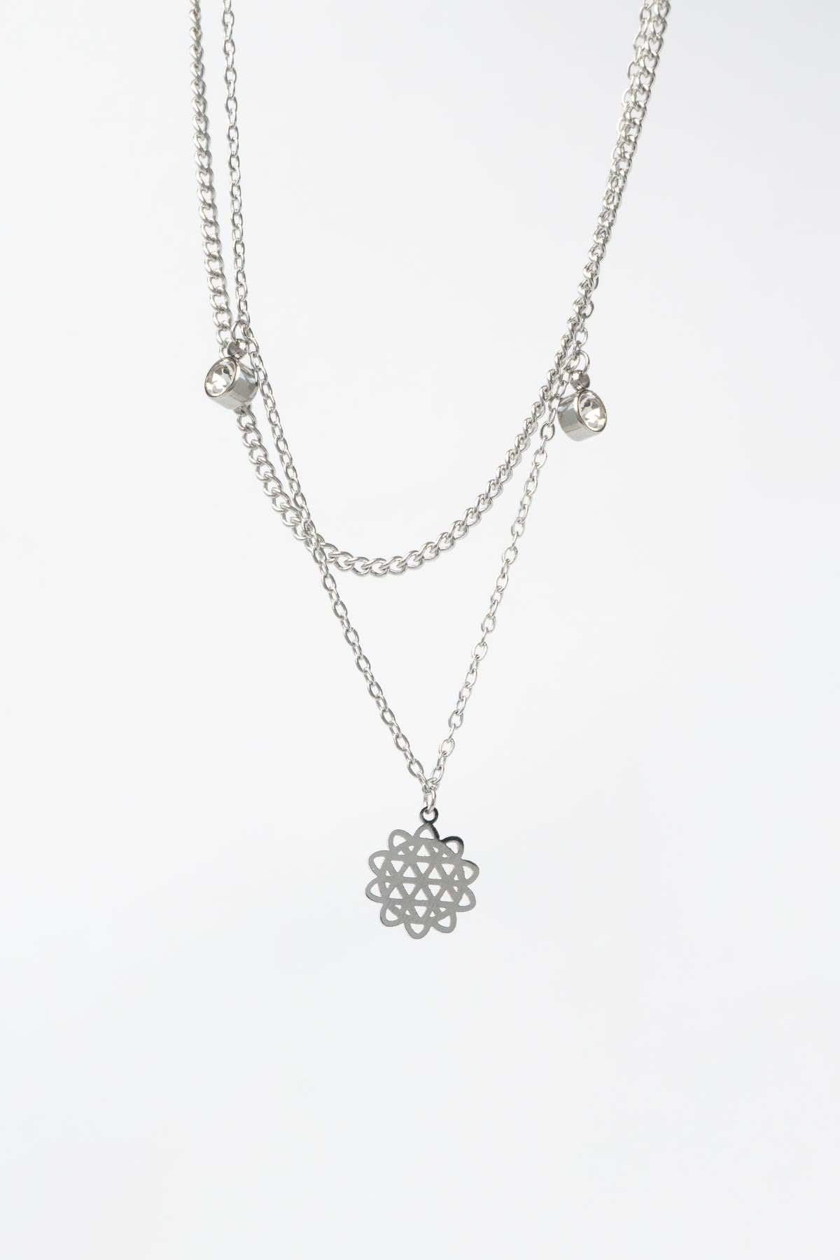 Silver Çift Zincir Yuvarlak Yaşam Ağacı Sallantılı 45cm Çelik Kolye AKL4177