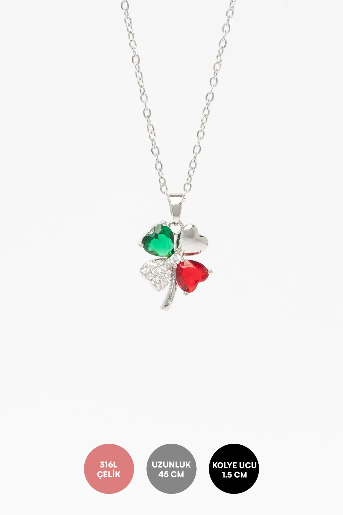Silver Kırmızı Ve Yeşil Kristal Taşlı Dört Yaprak Yonca Sallantılı 45cm Çelik Kolye AKL4325