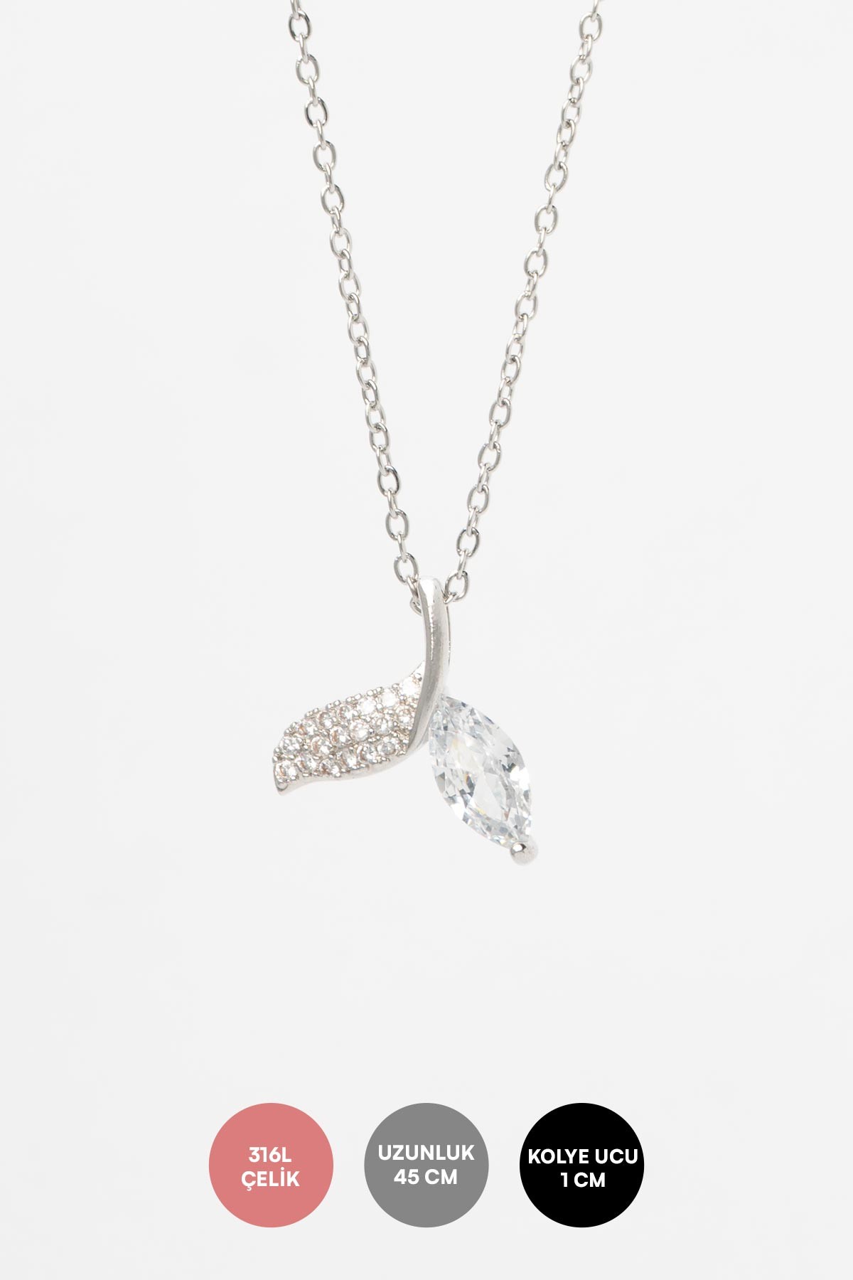 Silver Minimal Zincir Zirkon Ve Tektaş Detay Balık Kuyruğu Sallantılı Çelik Kolye 45 cm AKL4073