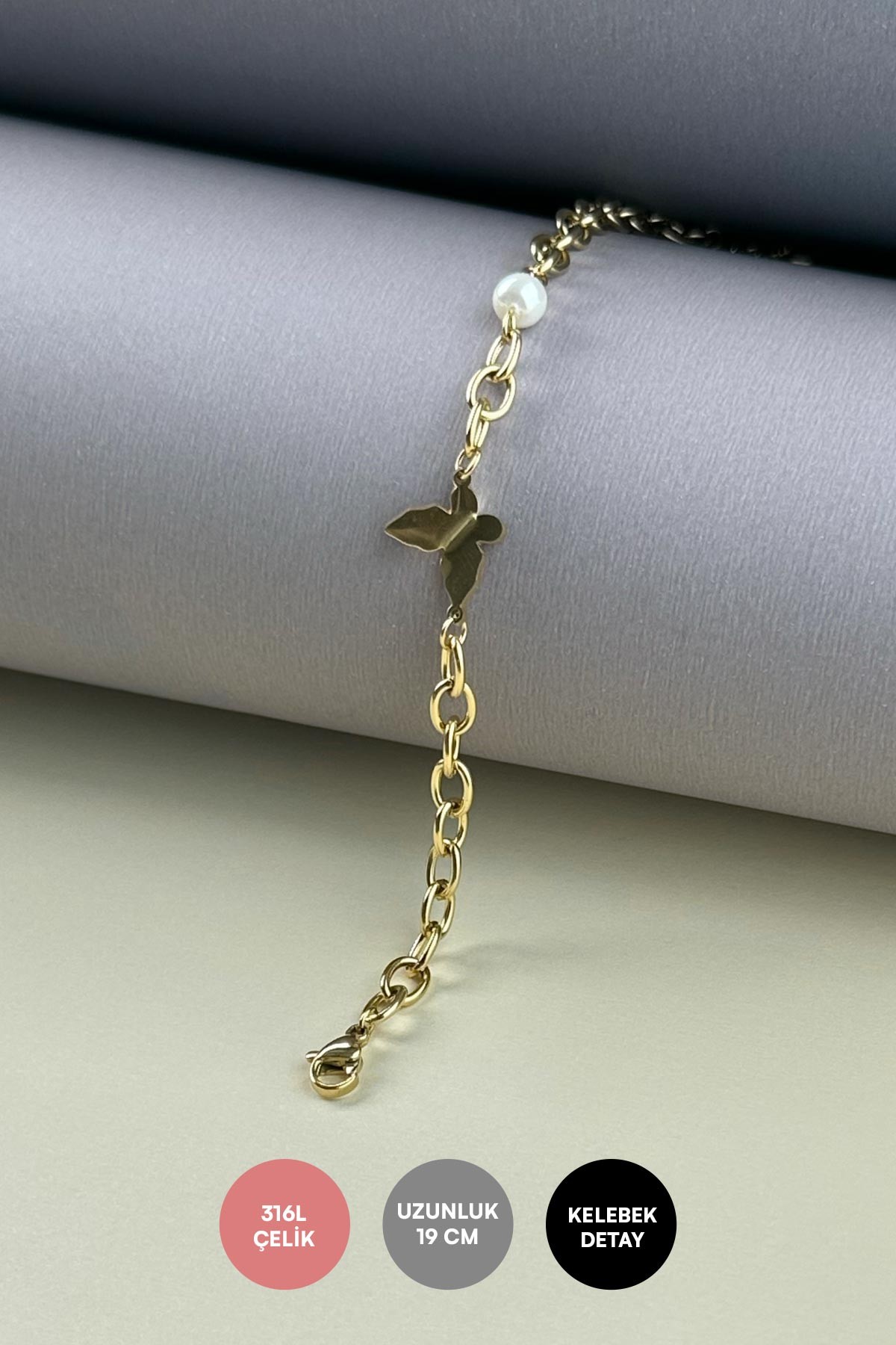 Gold Oval Halka Zincir İnci Ve Kelebek Detay Çelik Bileklik ABL7323