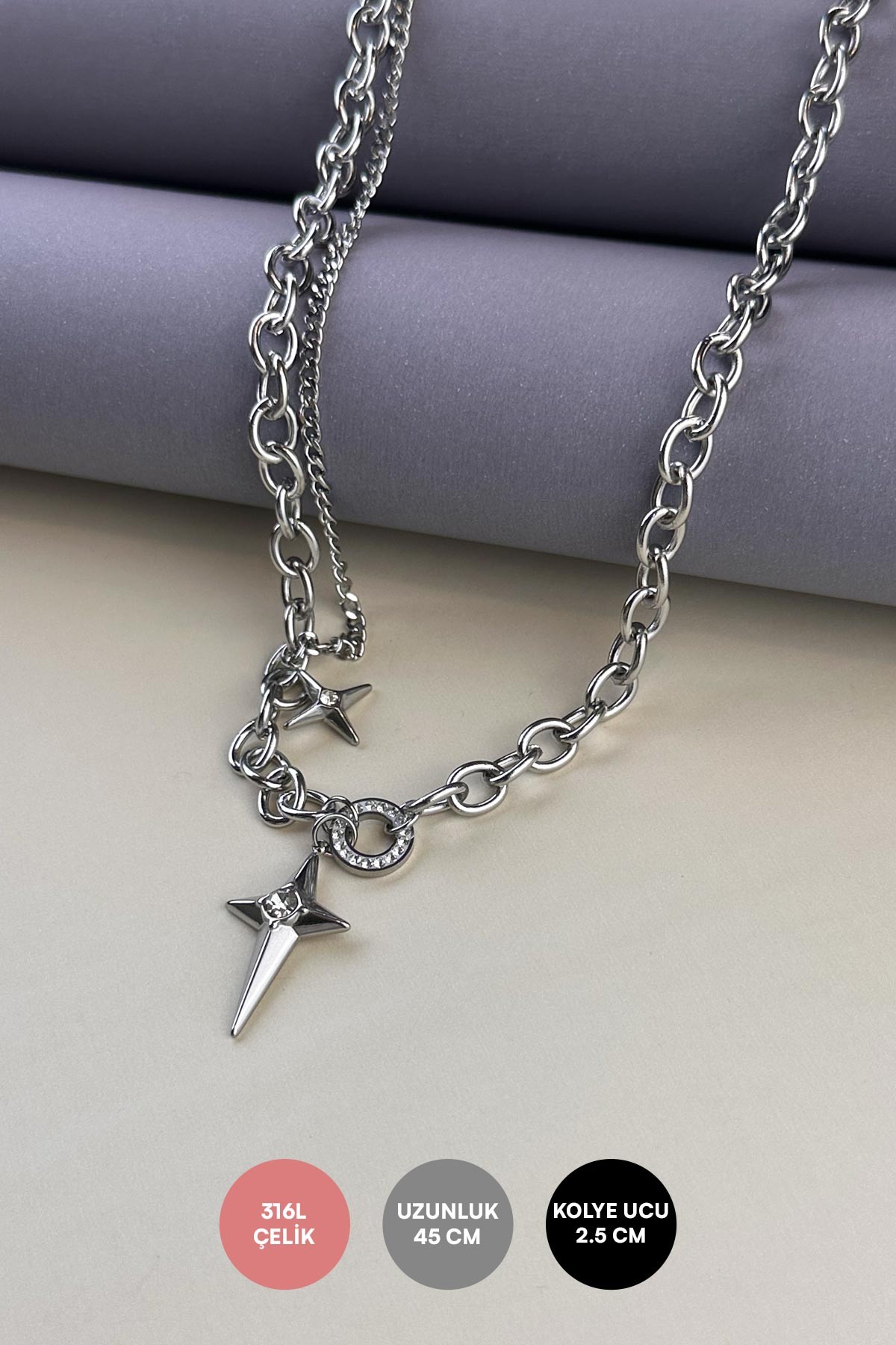 Zirkon Çember Detay Kristal Taşlı Dört Köşe Silver Yıldız Sallantılı Çelik Kolye 45 cm AKL3725