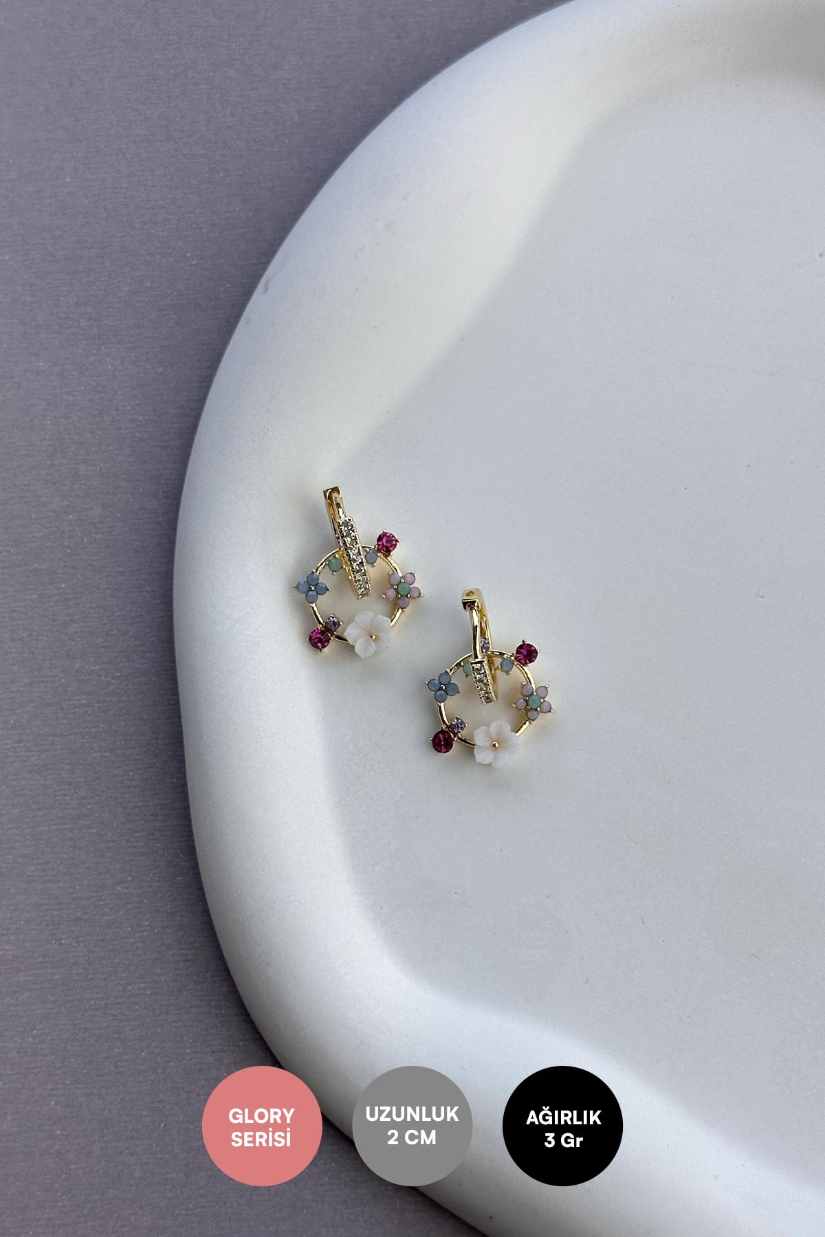 Gold Zirkon Detay Pastel Renkli Çiçek Buketi Sallantılı Glory Küpe AKE9193