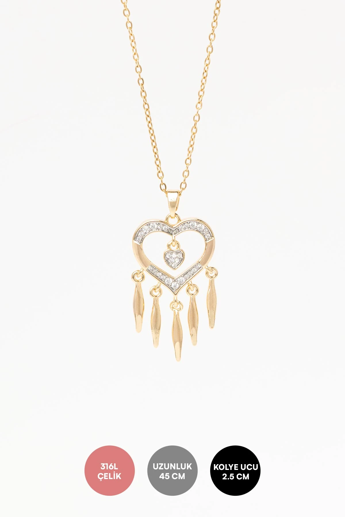 Gold Zirkon Detay Kalp Mini Uçlar Sallantılı 45cm Çelik Kolye AKL4352
