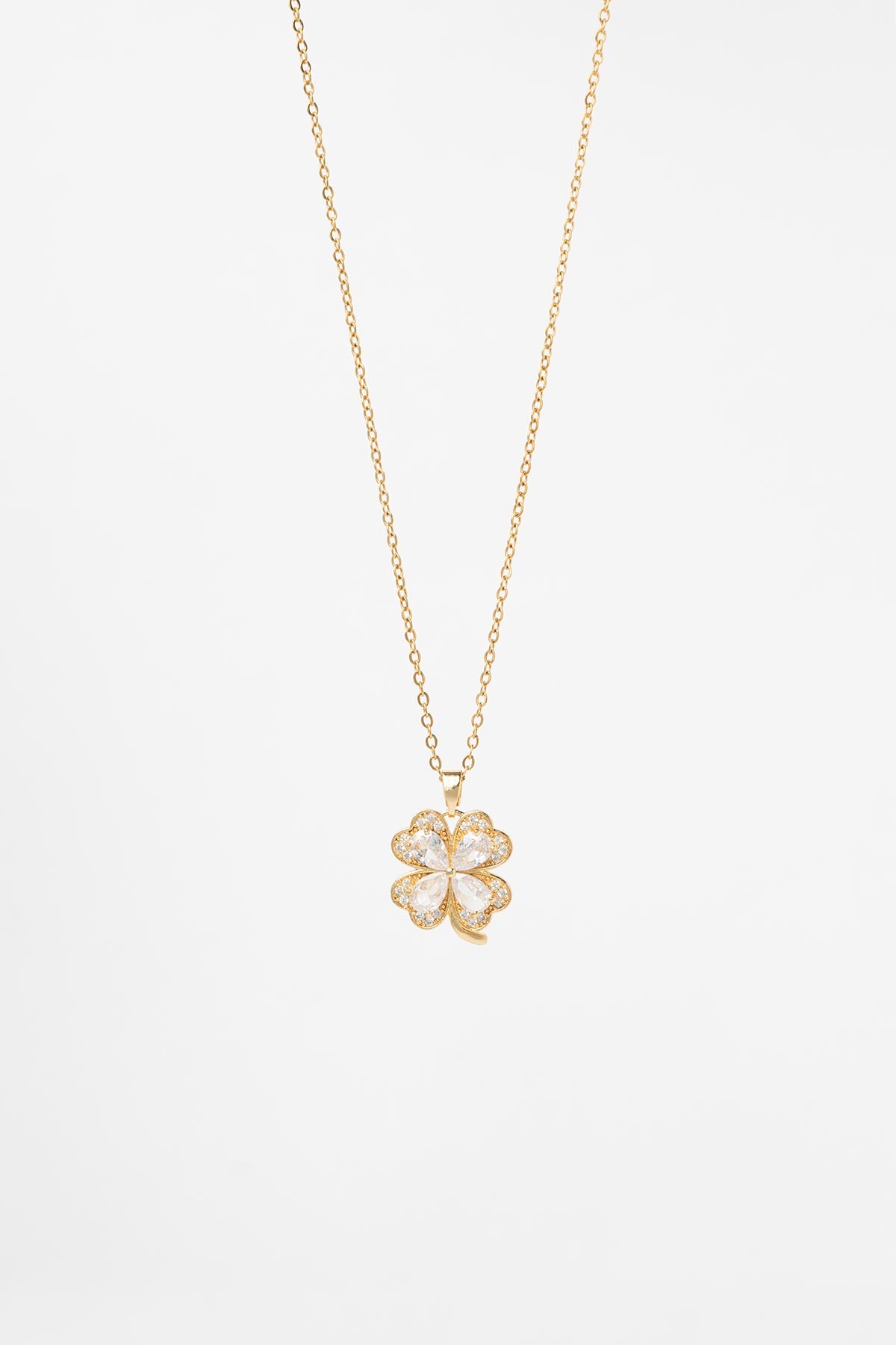 Gold Minimal Zincir Zirkon Ve Tektaş Detay Yonca Sallantılı Çelik Kolye 45 cm AKL4088