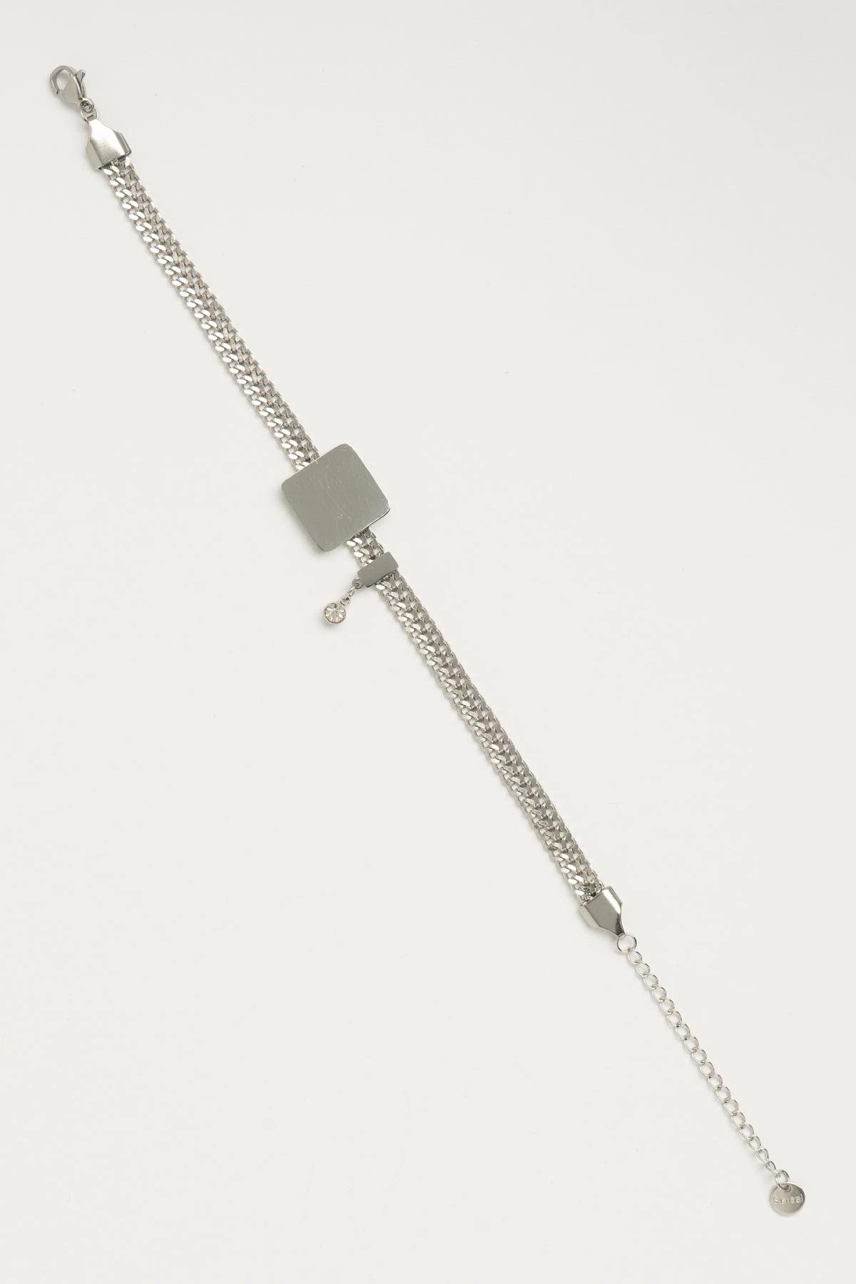 Silver Yassı Zincir Tasarım Kare Plaka Ve Tektaş Sallantılı Çelik Bileklik ABL6700