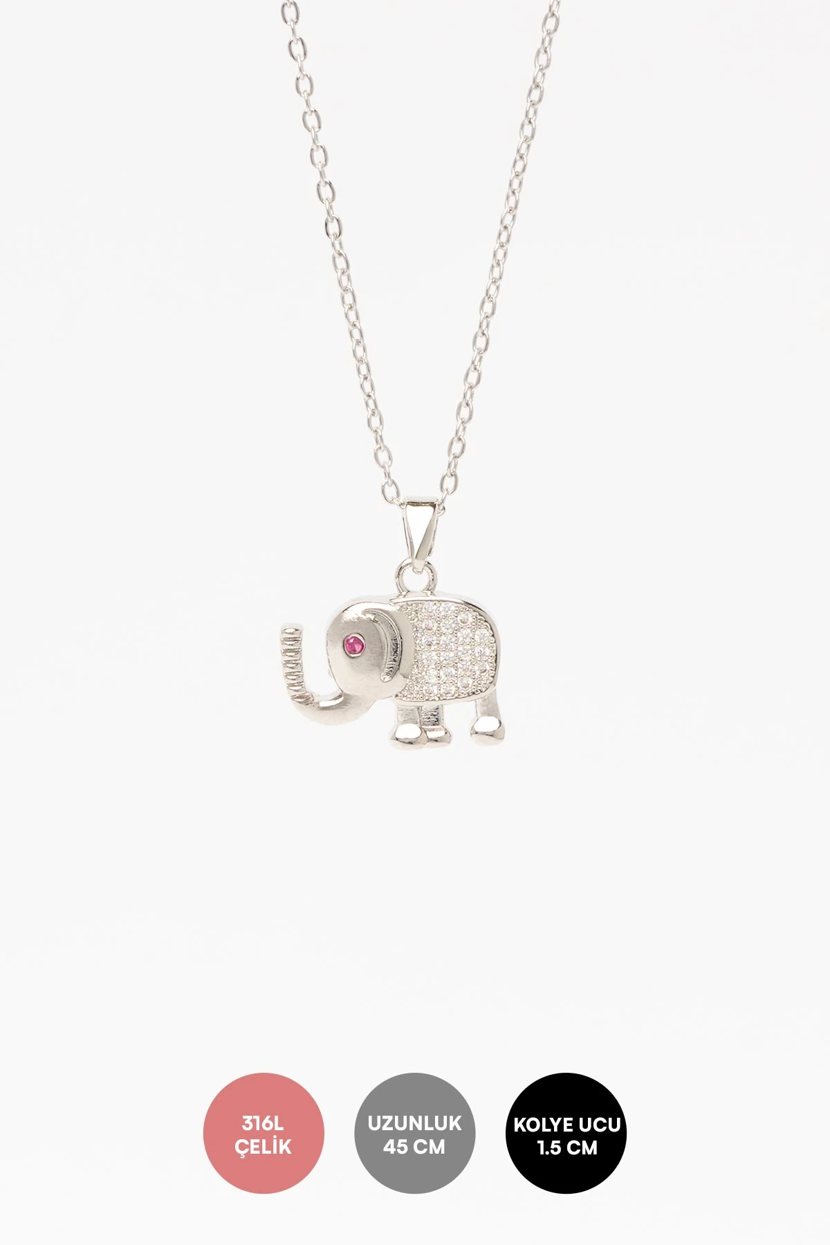 Silver Zirkon Detay Mini Fil Sallantılı 45cm Çelik Kolye AKL4346