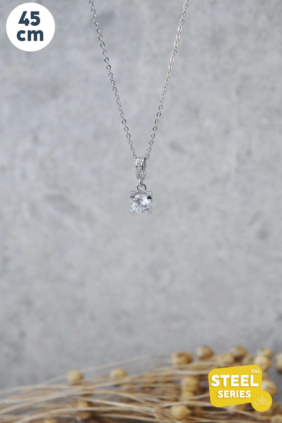 Silver Minimal Zincir Büyük Tektaş Sallantılı 45cm Çeik Kolye AKL2633