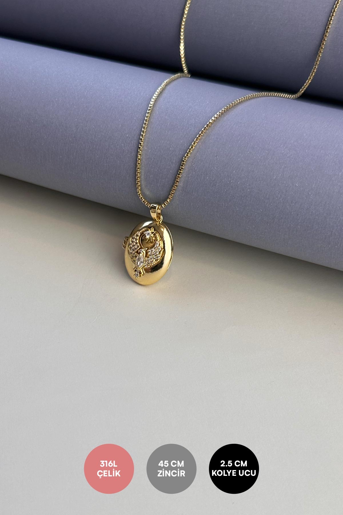 Gold Açılabilir Zirkon Kanat ve Yıldız Detay Badem Tasarım Çelik Kolye 45 cm AKL3828