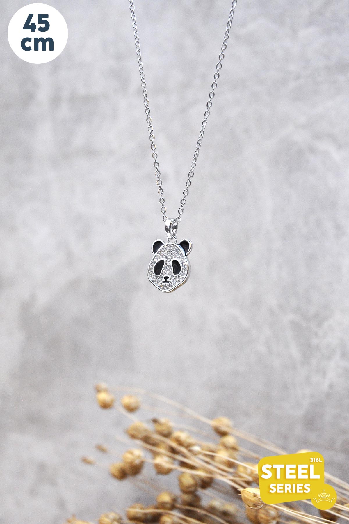 Silver Zirkon Taş Detay Panda Çelik Kolye AKL2494