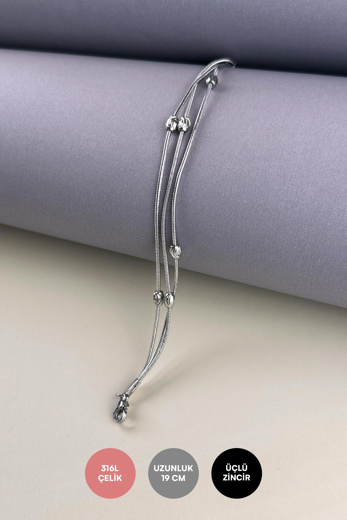 Silver Lazer Kesim Oval Topçuklu Çoklu Boru Zincir Çelik Bileklik ABL7207