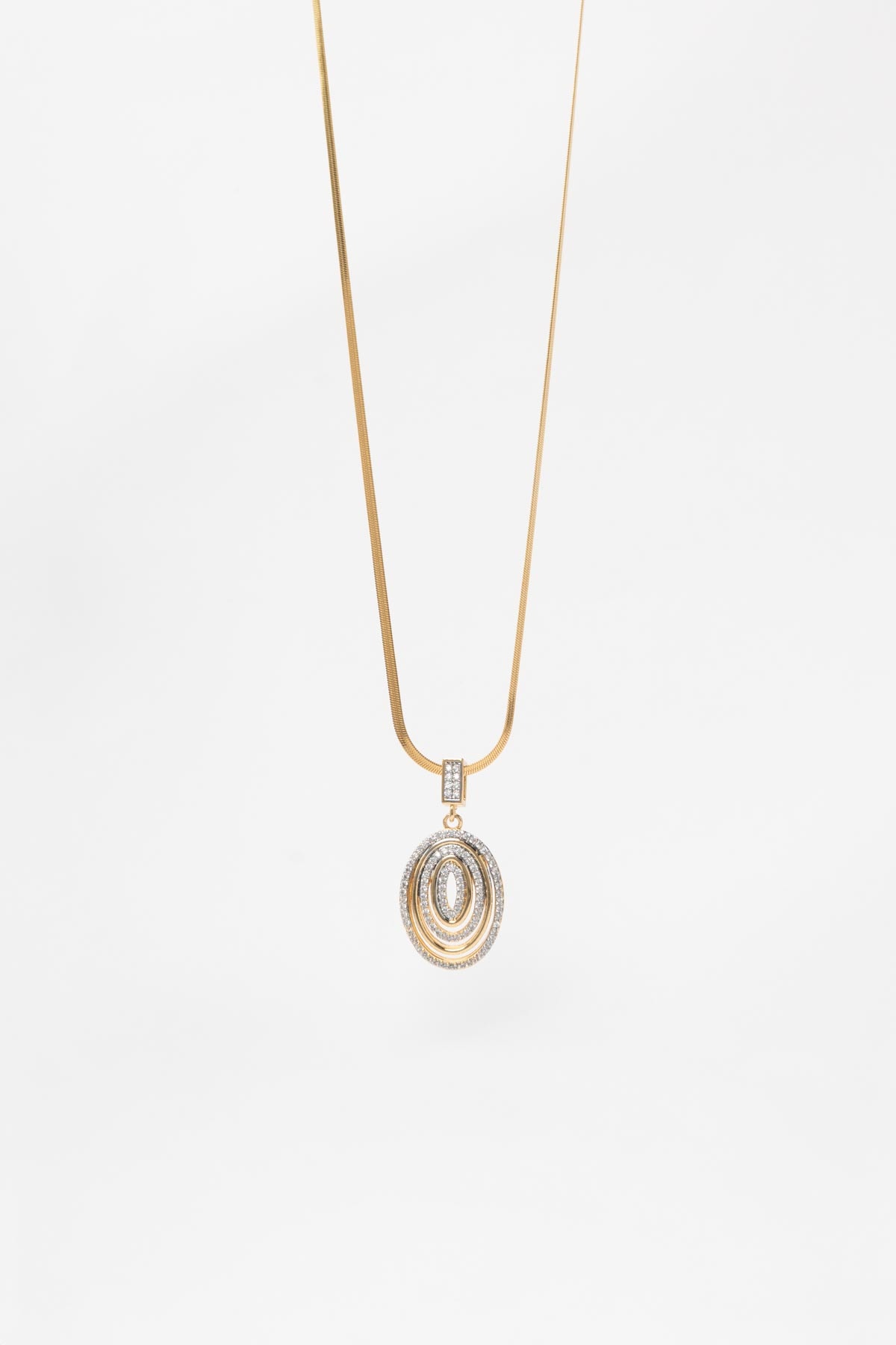 Gold Slim İtalyan Zincir Zirkon Detaylı Elips İç İçe Halkalar Sallantılı 60cm Çelik Kolye AKL4118
