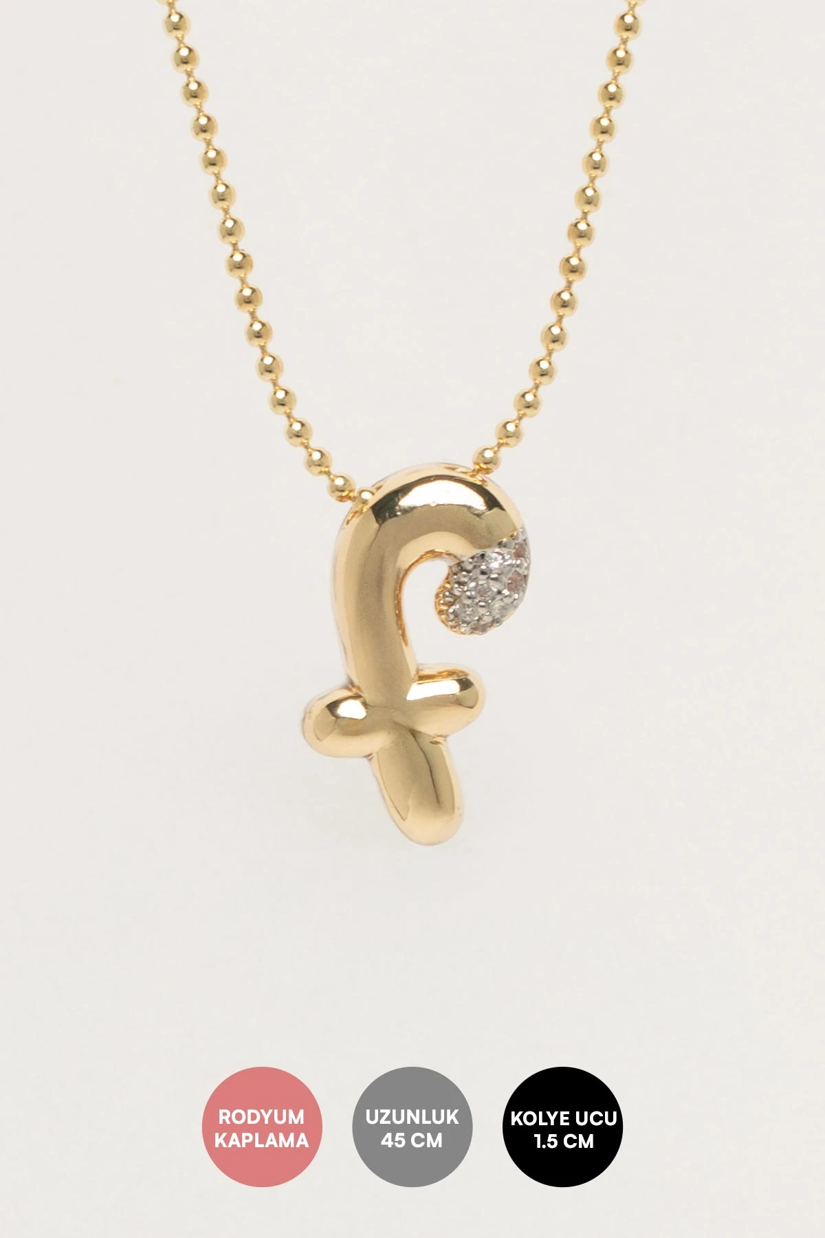 Gold Minimal Topçuk Zincir Zirkon Detay F Harf 45cm Luxury Kolye AKL4437