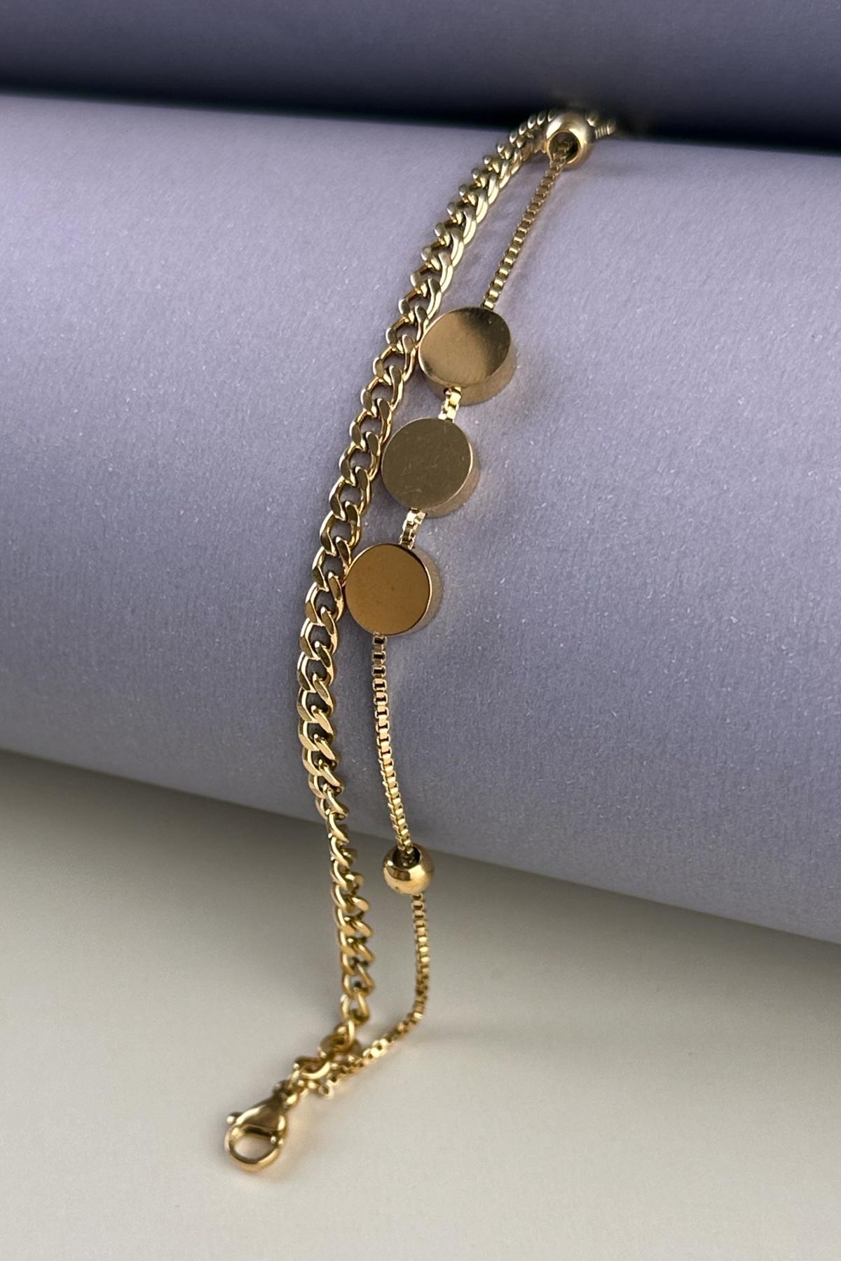 Gold Çift Zincir Üçlü Kalın Yassı Pul Mini Topçuk Detay Çelik Bileklik ABL6518