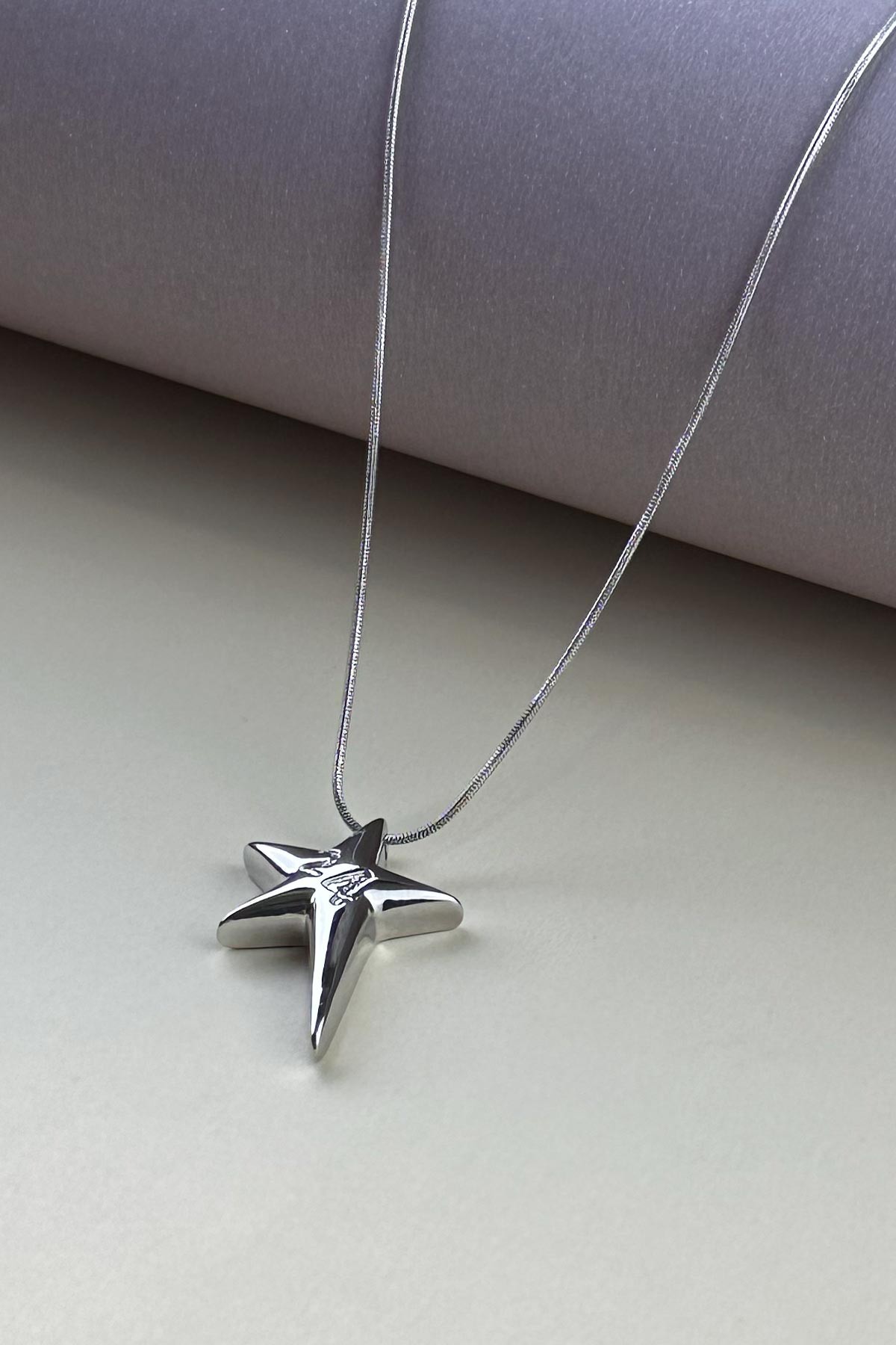Silver Boru Zincir Kalın Kutup Yılıdız Sallantılı 45cm Çelik Kolye AKL4009