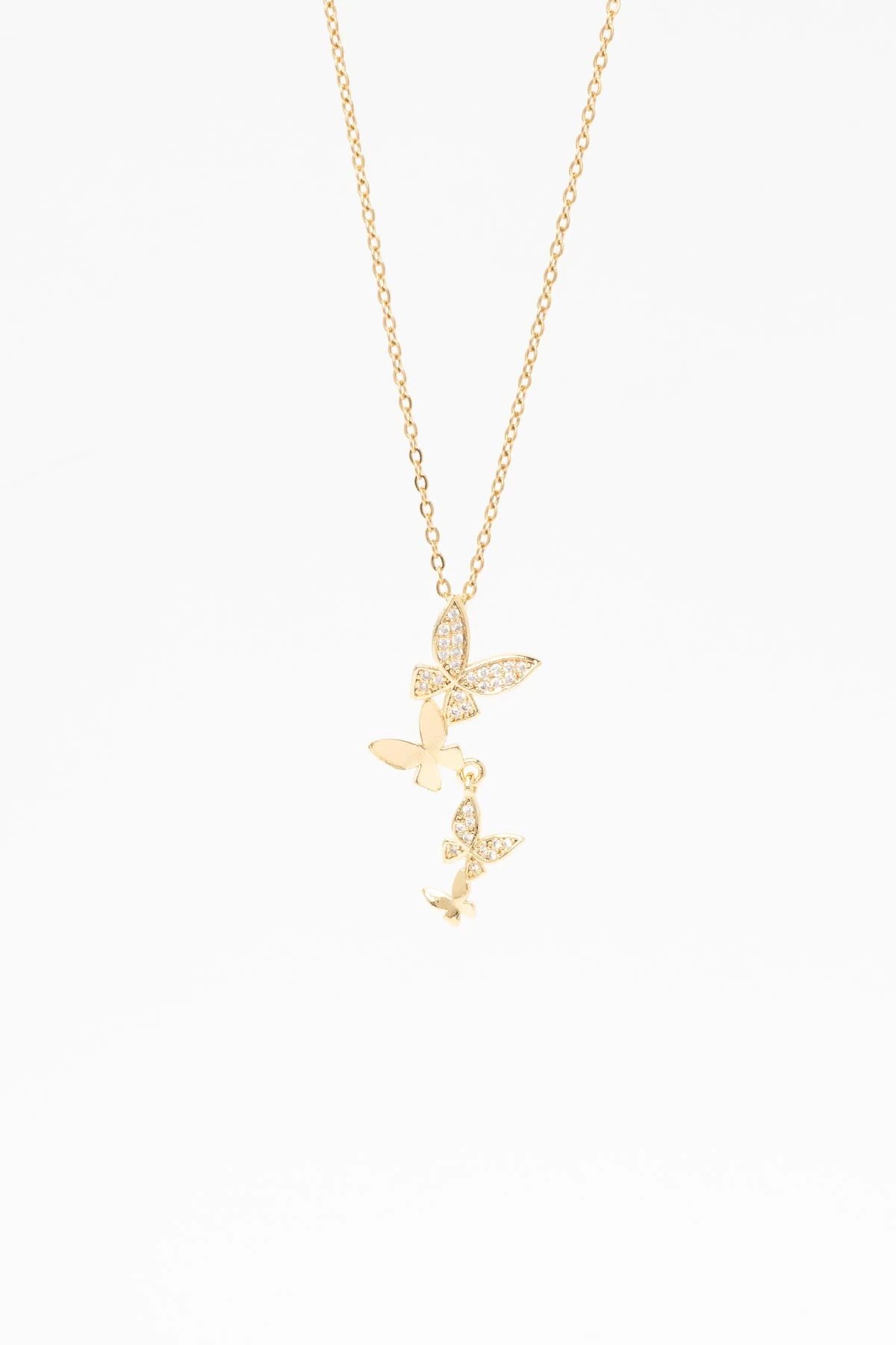 Gold Zirkon Detay Mini Kelebekler Sallantılı 45cm Çelik Kolye AKL4326