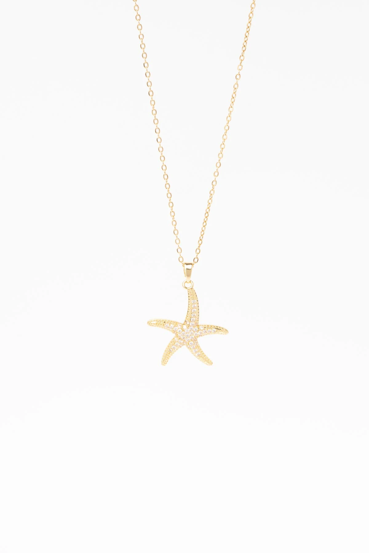 Gold Zirkon Kaplı Deniz Yıldızı Sallantılı 45cm Çelik Kolye AKL4308