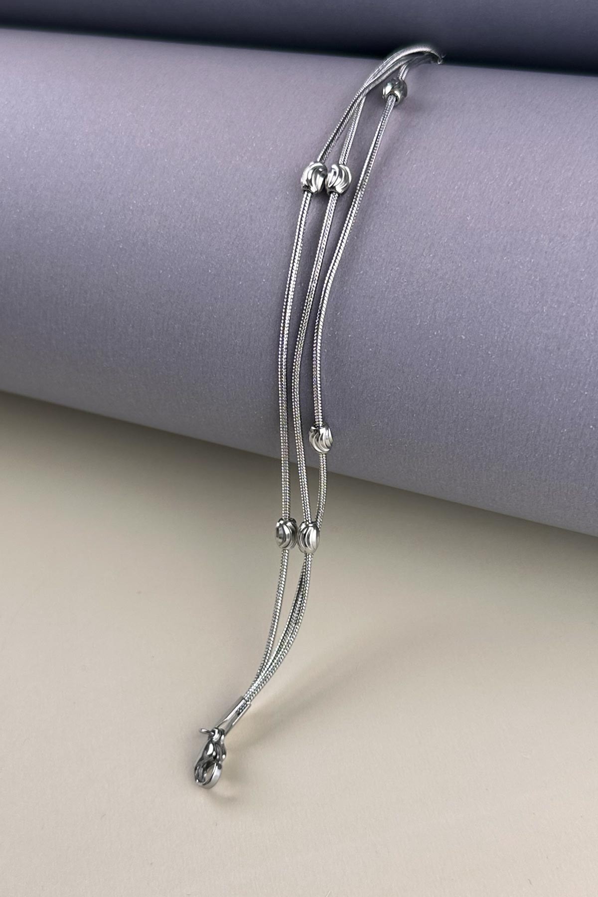 Silver Lazer Kesim Oval Topçuklu Çoklu Boru Zincir Çelik Bileklik ABL7207